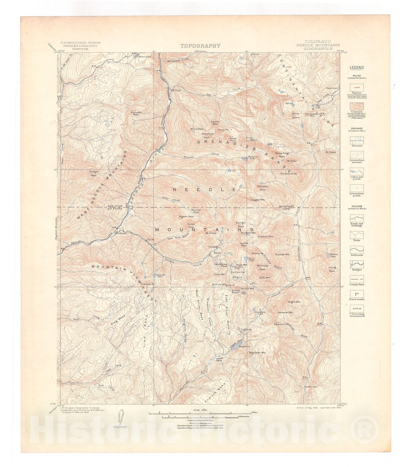 Map : Needle Mountains folio, Colorado, 1905 Cartography Wall Art :