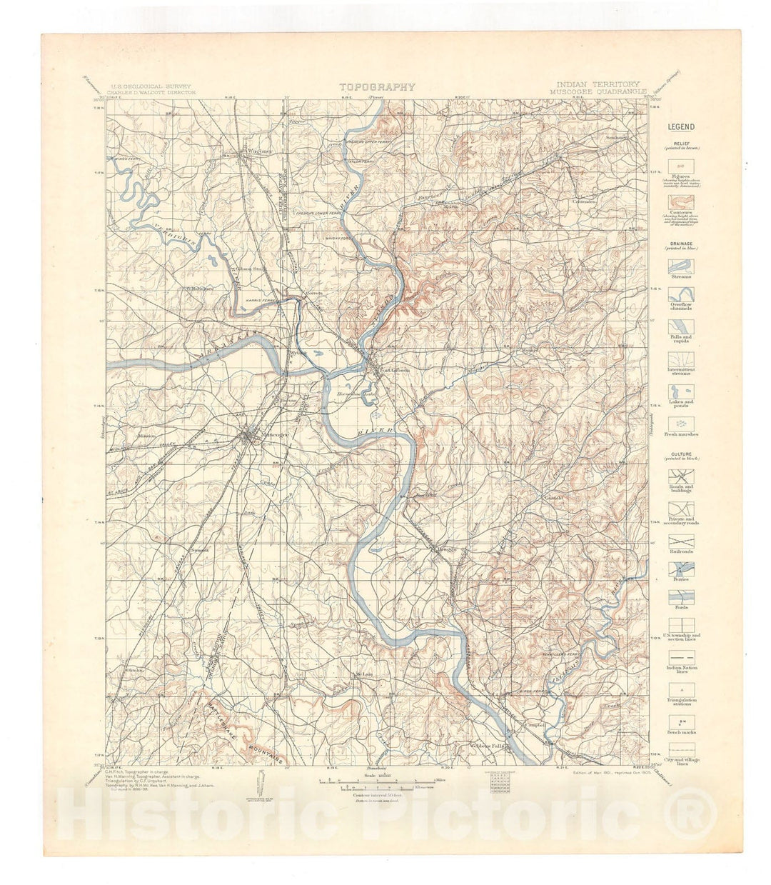 Map : Muskogee folio, Indian Territory, 1906 Cartography Wall Art :