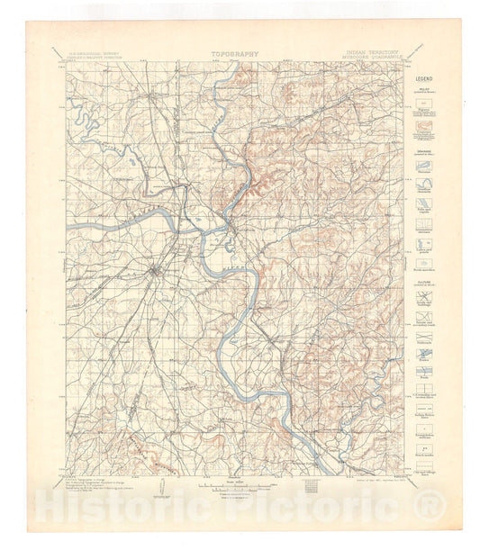 Map : Muskogee folio, Indian Territory, 1906 Cartography Wall Art :