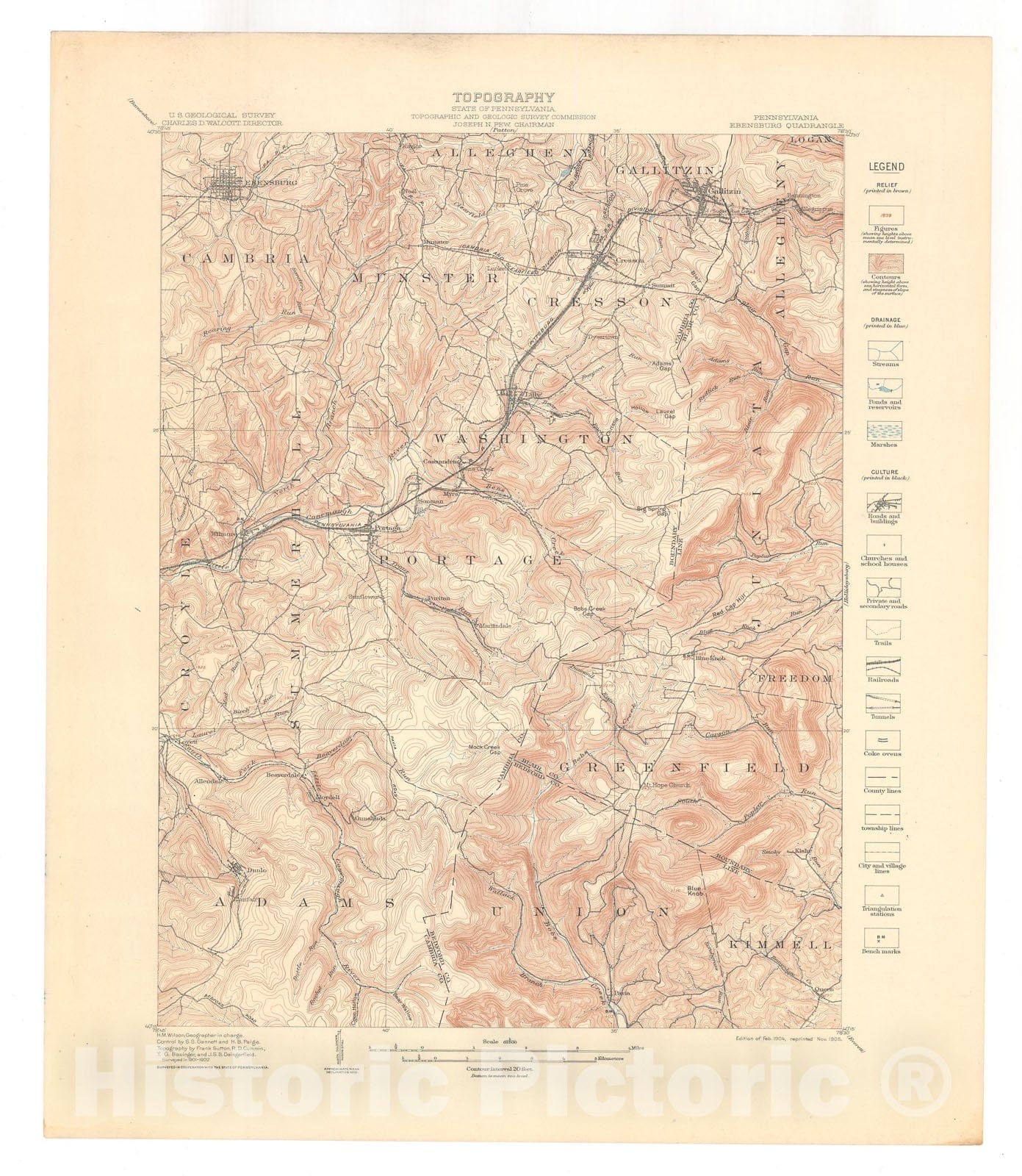 Map : Ebensburg folio, Pennsylvania, 1905 Cartography Wall Art :