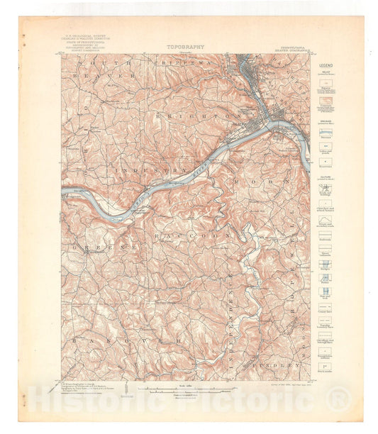 Map : Beaver quadrangle, Pennsylvania, 1905 Cartography Wall Art :