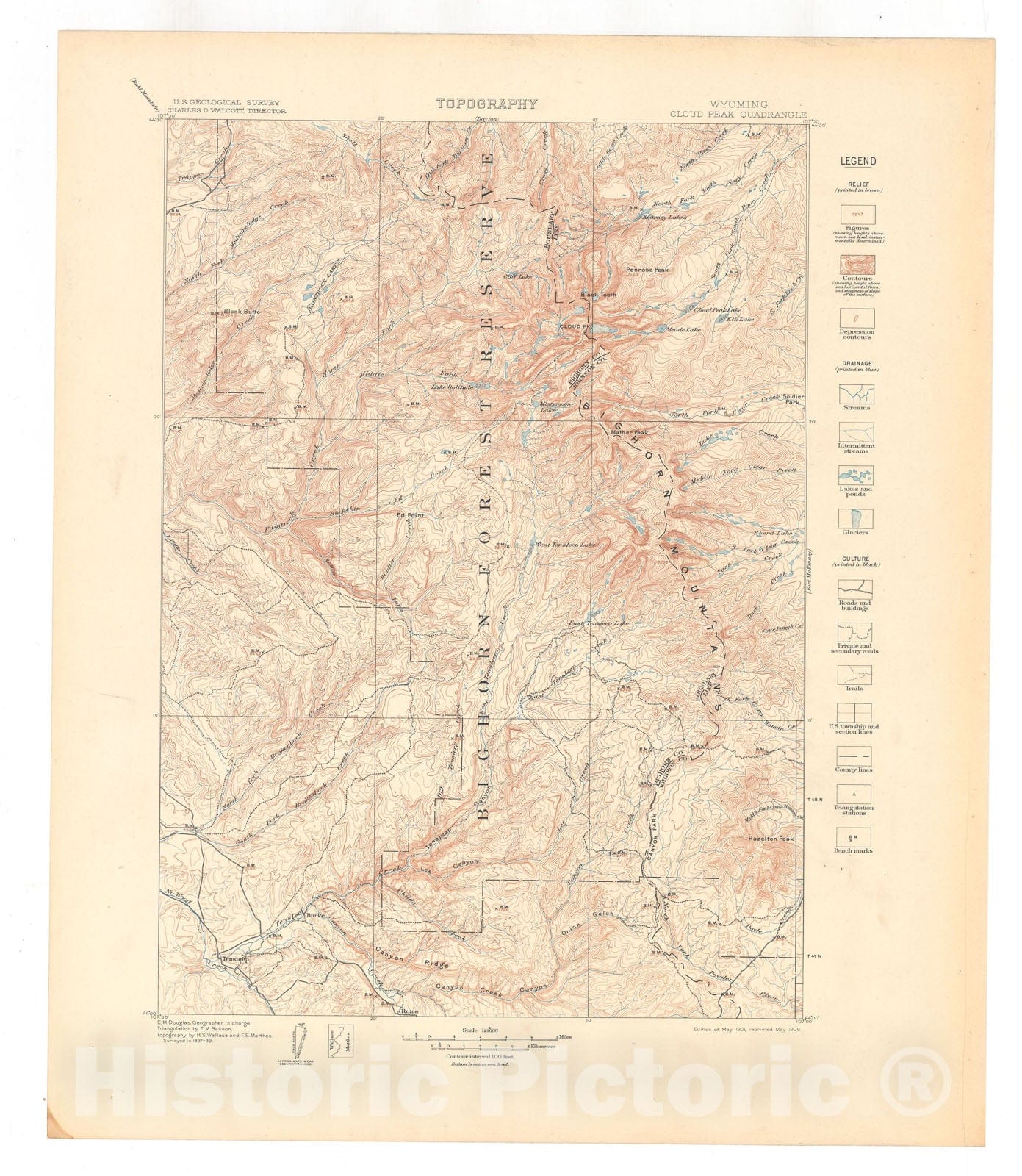 Map : Cloud Peak-Fort McKinney folio, Wyoming, 1906 Cartography Wall Art :