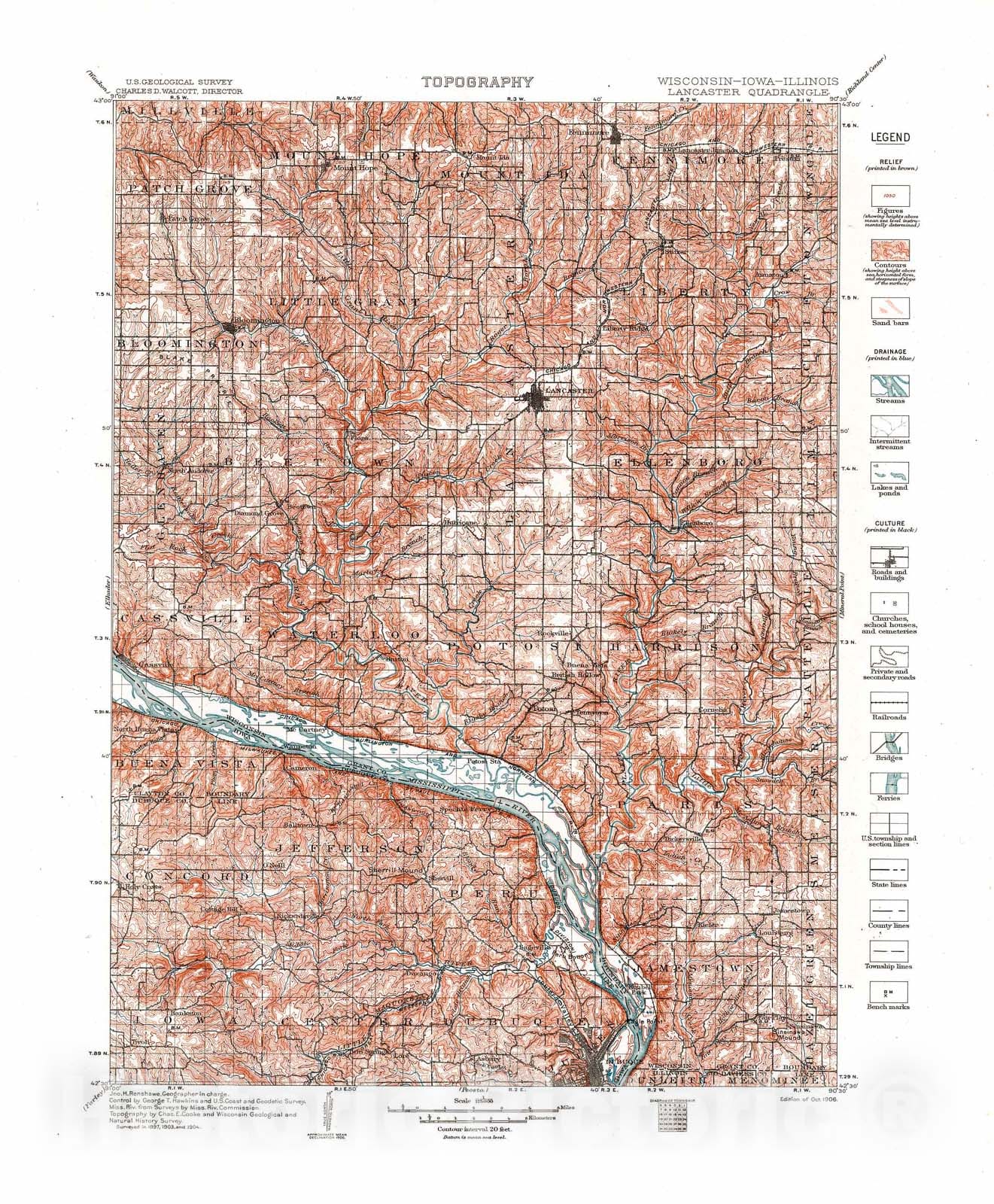 Map : Lancaster-Mineral Point folio, Wisconsin-Iowa-Illinois, 1907 Cartography Wall Art :