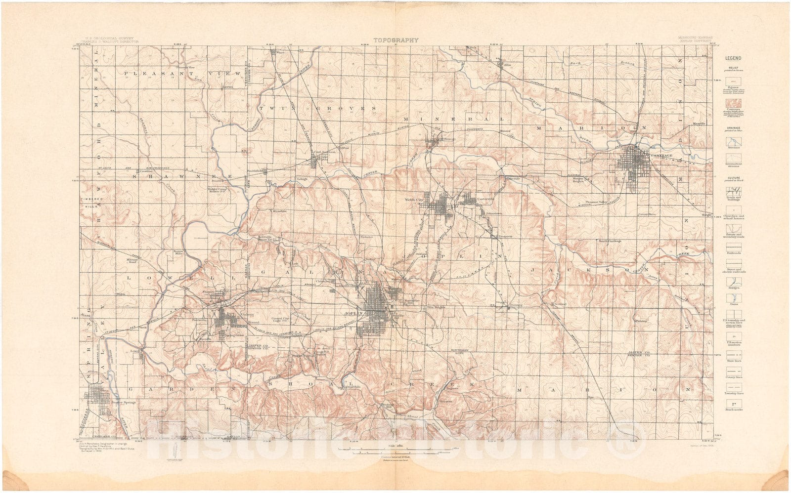 Map : Joplin District folio, Missouri-Kansas, 1907 Cartography Wall Art :