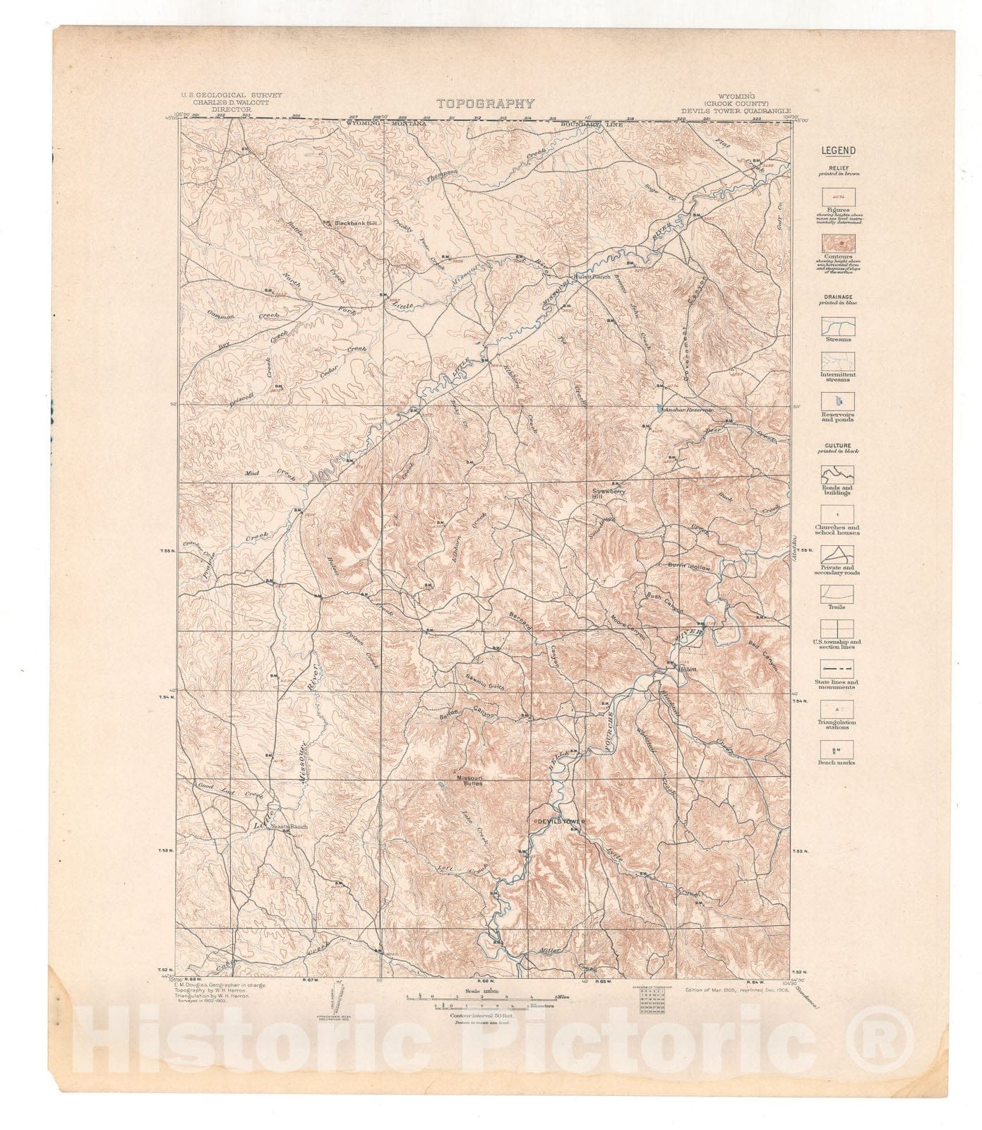 Map : Devils Tower folio, Wyoming, 1907 Cartography Wall Art :