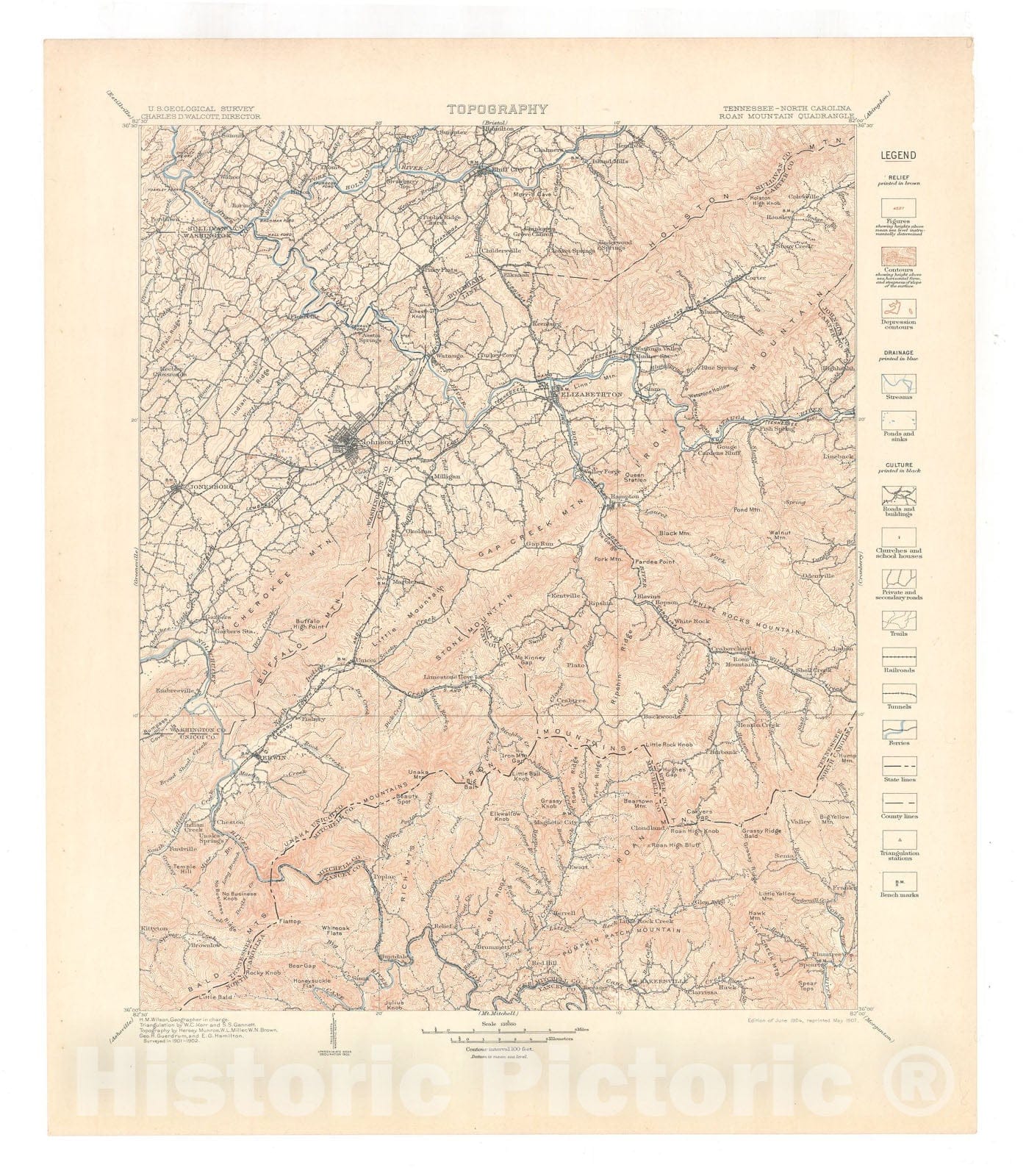 Map : Roan Mountain folio, Tennessee-North Carolina, 1907 Cartography Wall Art :