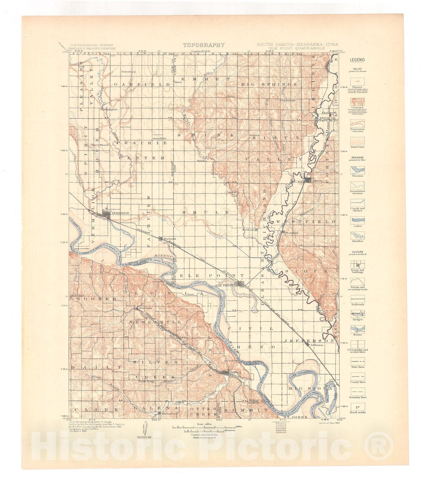 Map : Elk Point folio, South Dakota-Nebraska-Iowa, 1908 Cartography Wall Art :