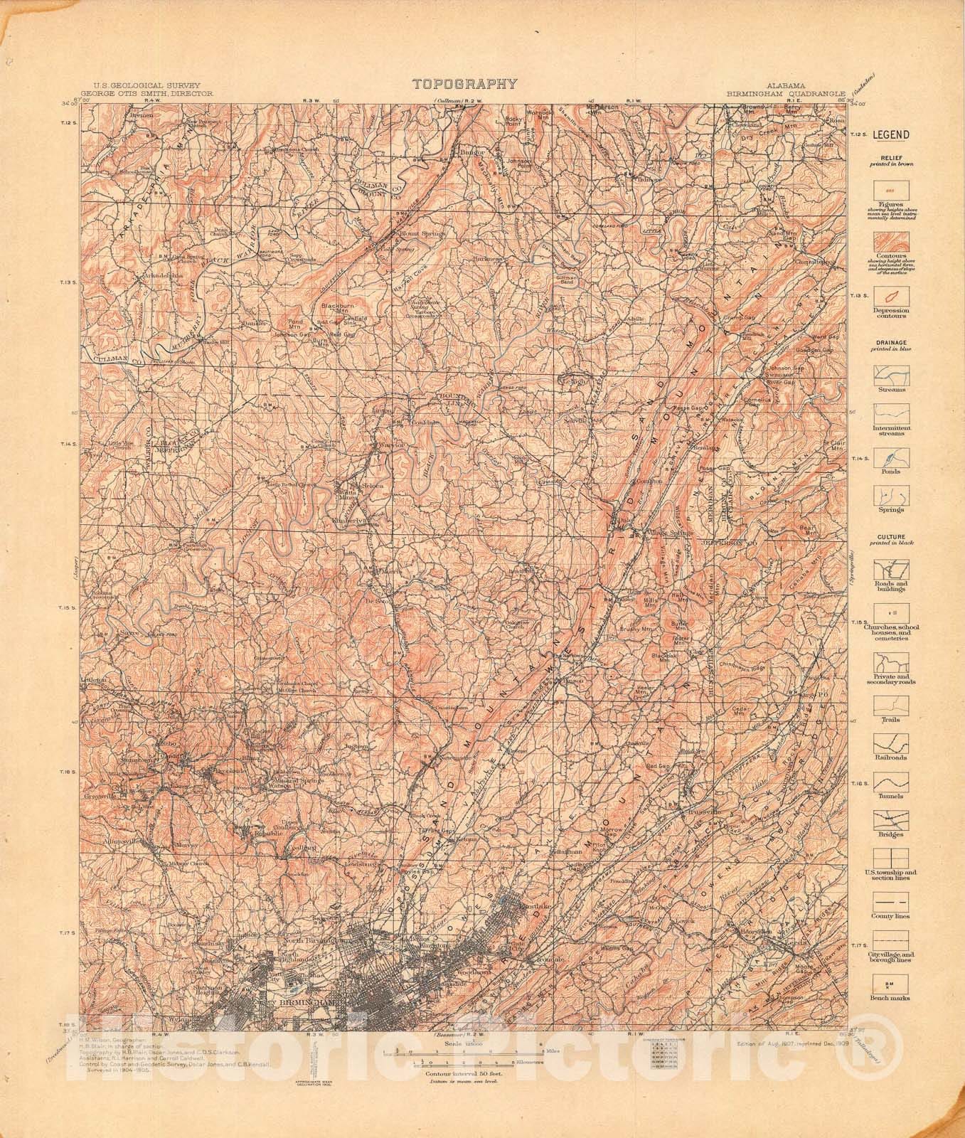 Map : Birmingham folio, Alabama, 1910 Cartography Wall Art :