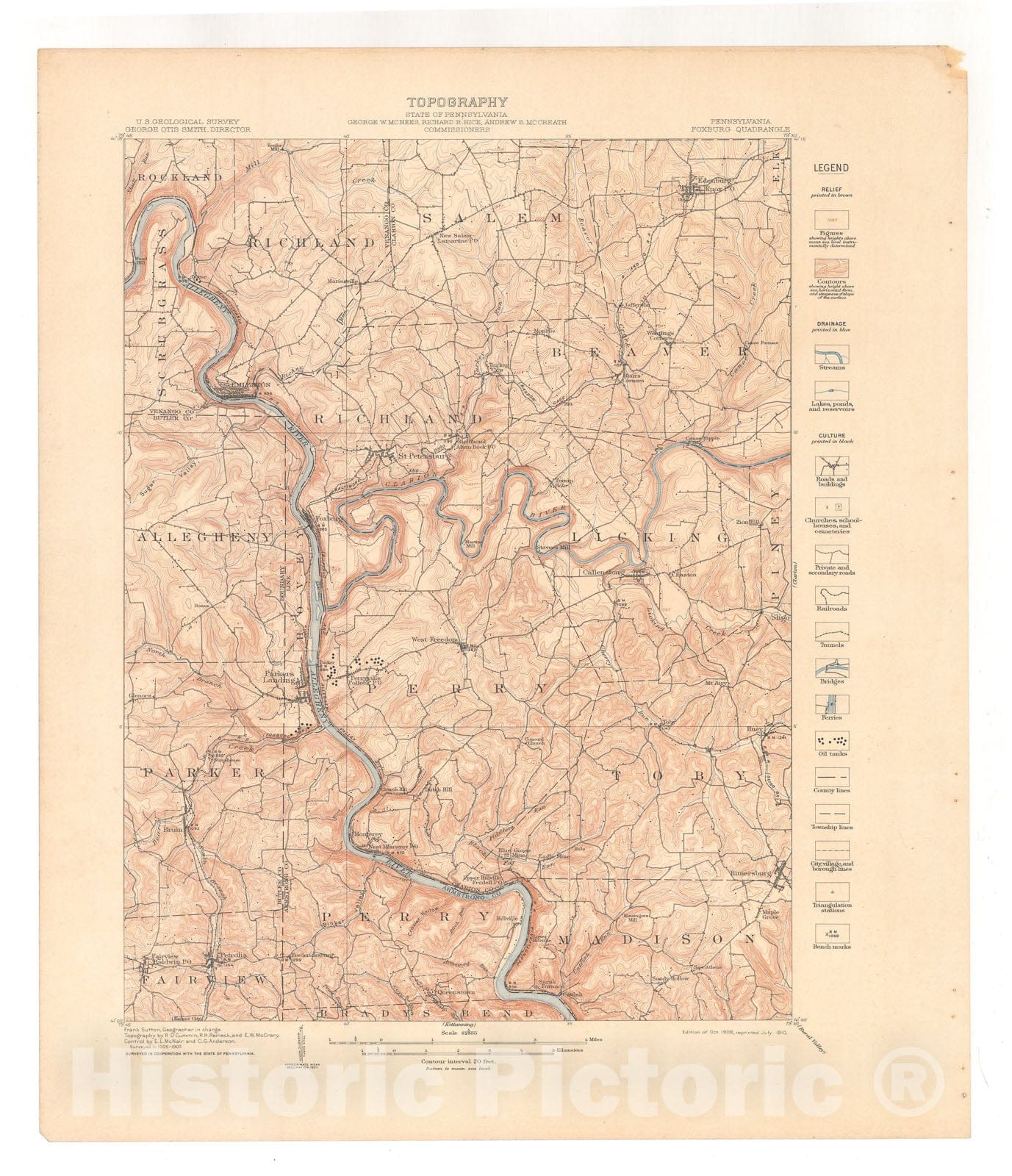Map : Foxburg-Clarion folio, Pennsylvania, 1911 Cartography Wall Art :