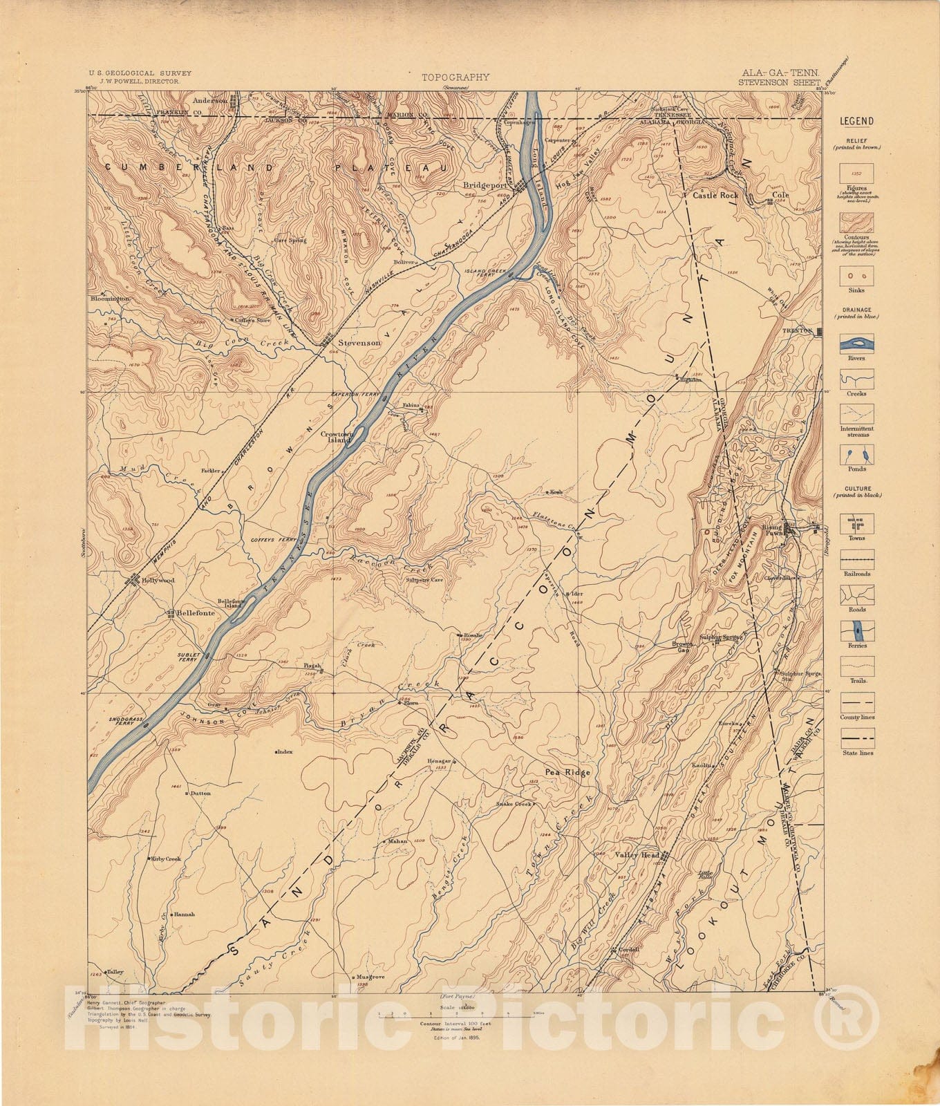 Map : Stevenson folio, Alabama-Georgia-Tennessee, 1895 Cartography Wall Art :