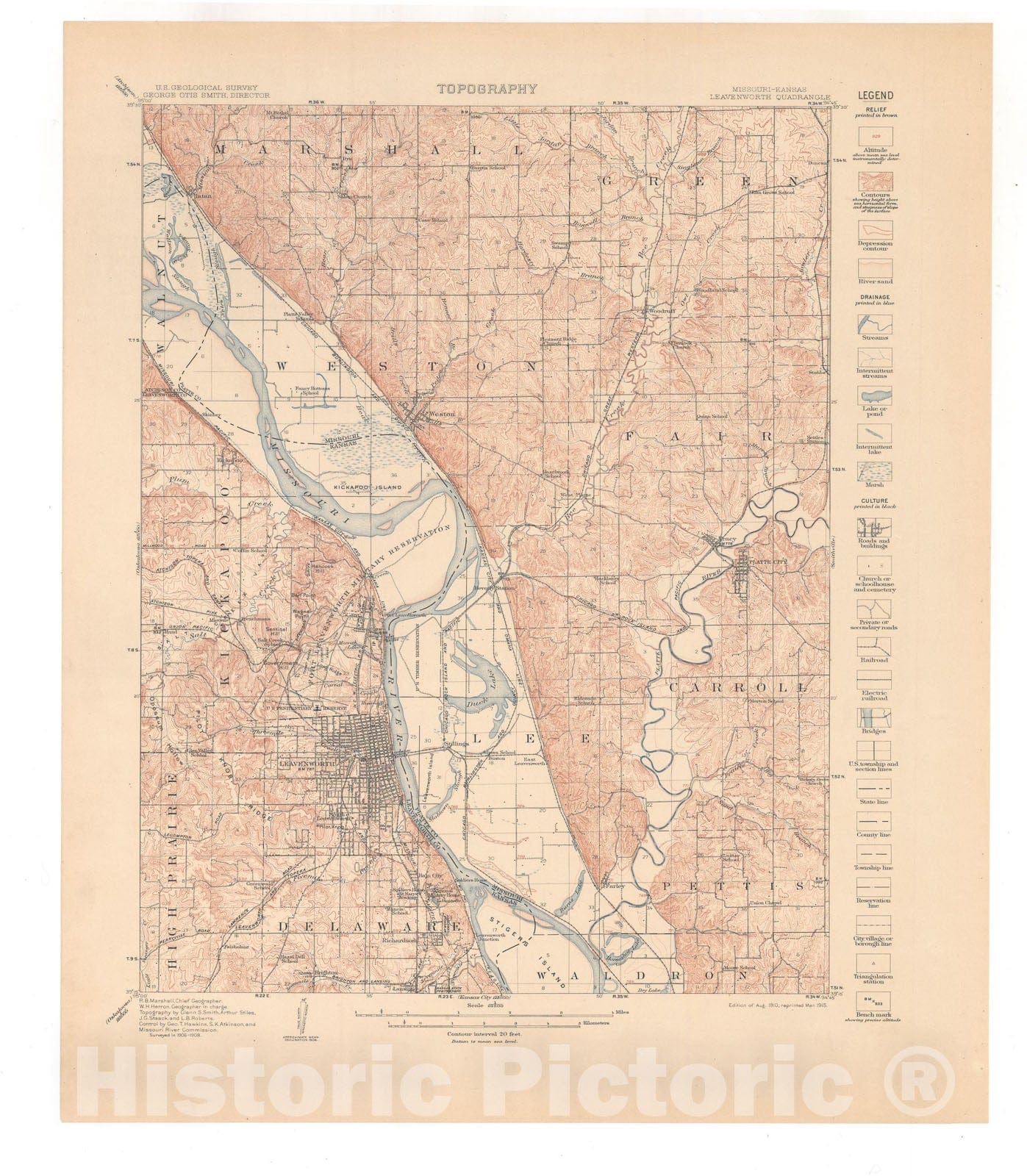 Map : Leavenworth-Smithville folio, Missouri-Kansas, 1917 Cartography Wall Art :
