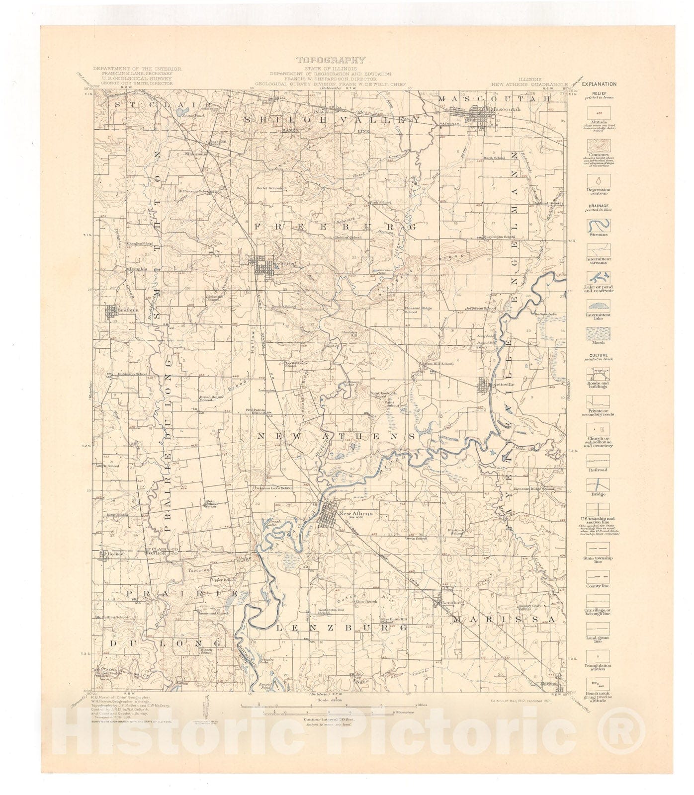Map : New Athens-Okawville folio, Illinois, 1921 Cartography Wall Art :