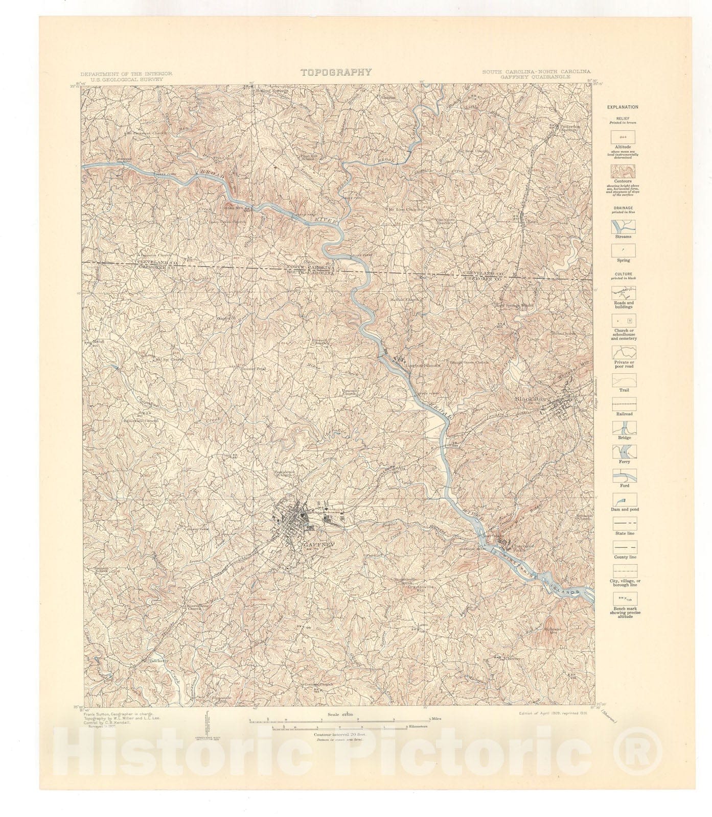 Map : Gaffney-Kings Mountain folio, South Carolina-North Carolina, 1931 Cartography Wall Art :