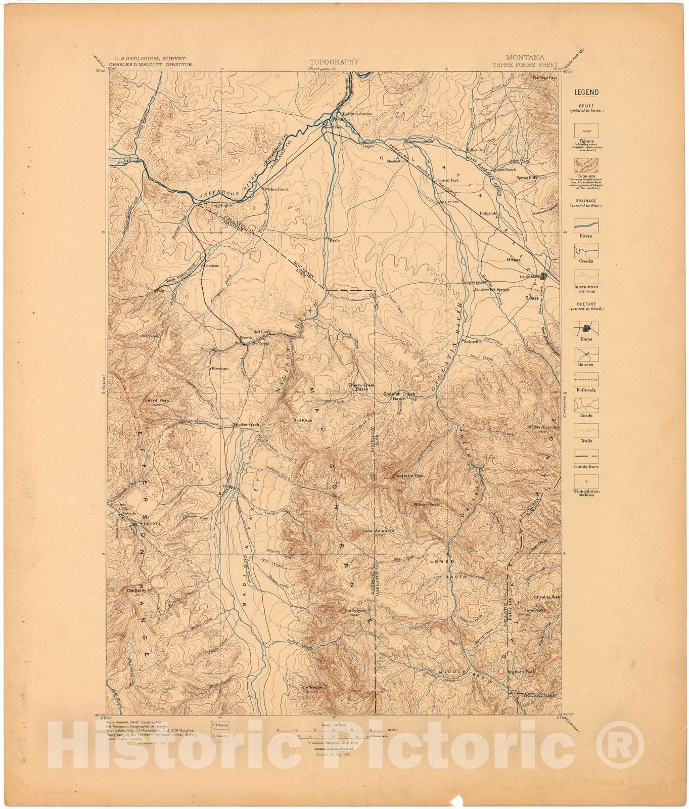 Map : Three Forks folio, Montana, 1896 Cartography Wall Art :