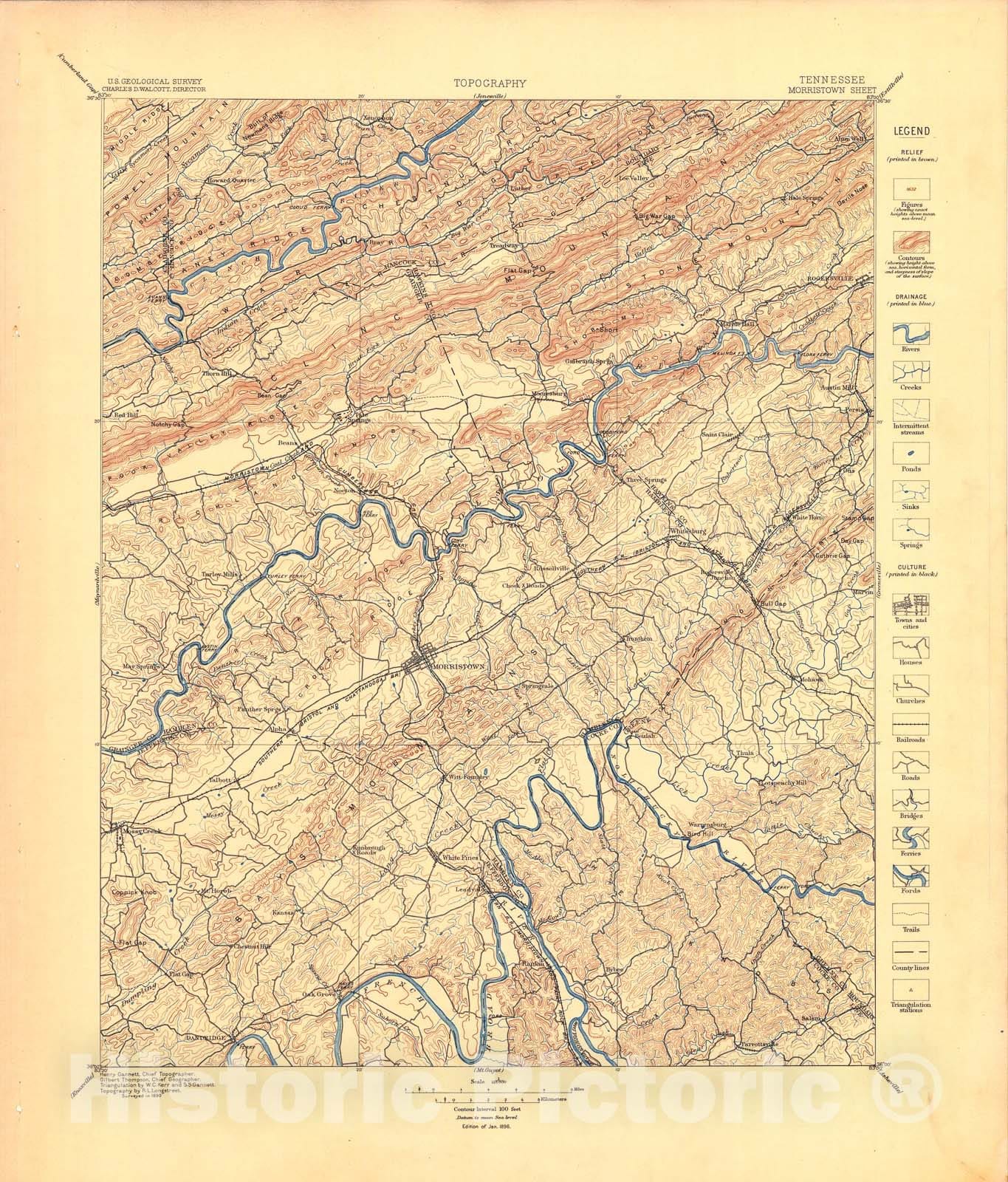 Map : Morristown folio, Tennessee, 1896 Cartography Wall Art :