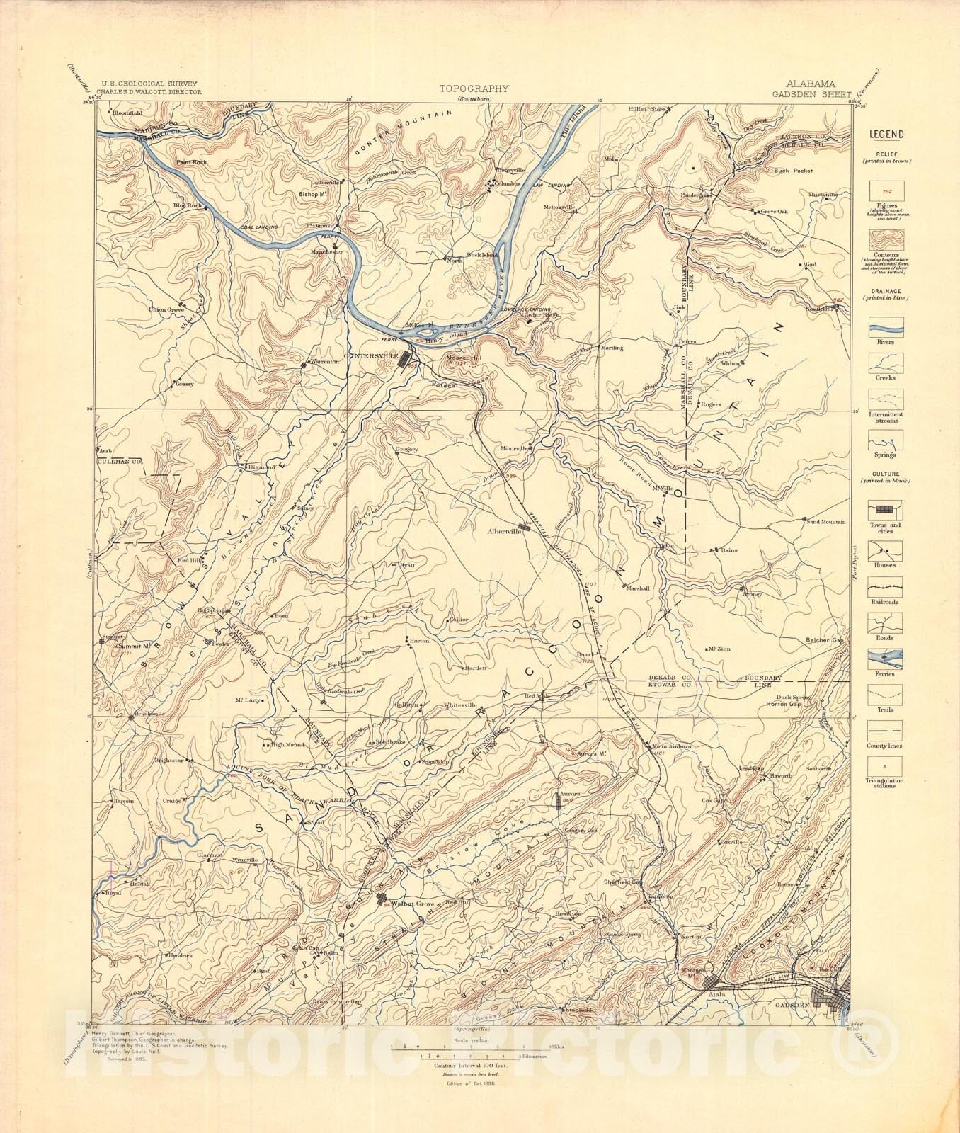 Map : Gadsden folio, Alabama, 1896 Cartography Wall Art :