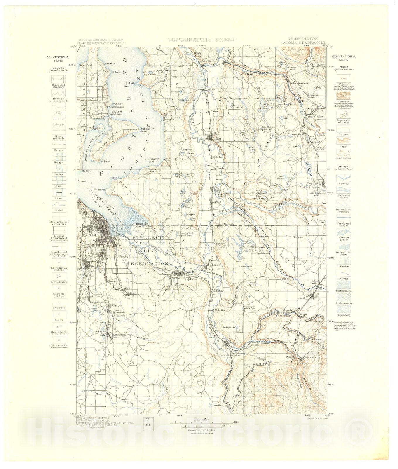 Map : Tacoma folio, Washington, 1899 Cartography Wall Art :