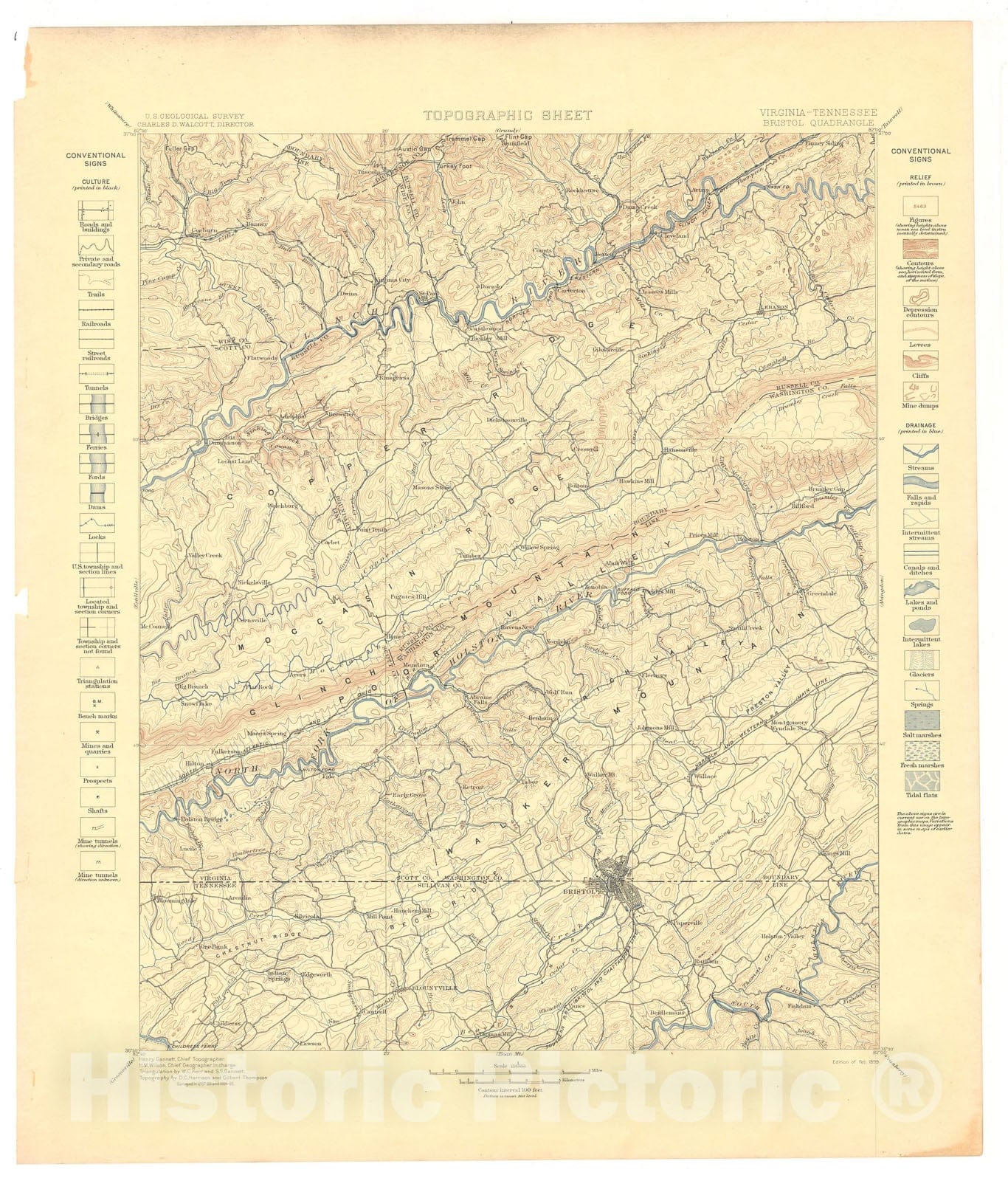 Map : Bristol folio, Virginia-Tennessee, 1899 Cartography Wall Art :