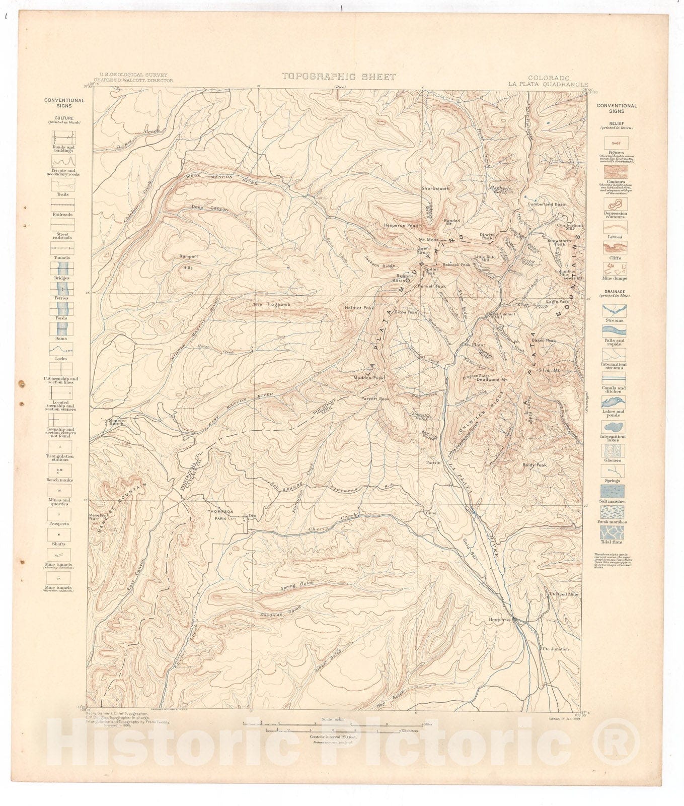 Map : La Plata folio, Colorado, 1899 Cartography Wall Art :