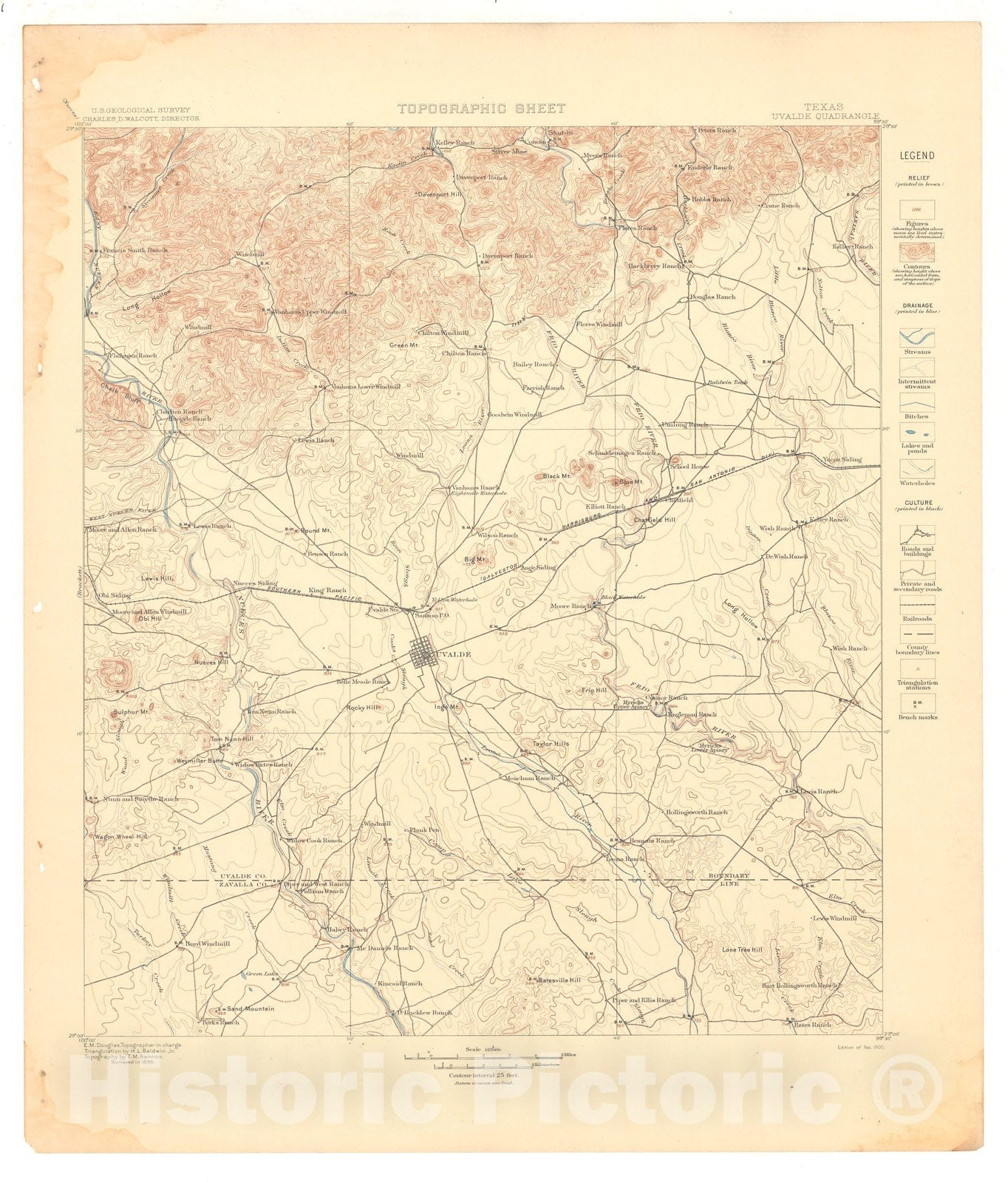 Map : Uvalde folio, Texas, 1900 Cartography Wall Art :