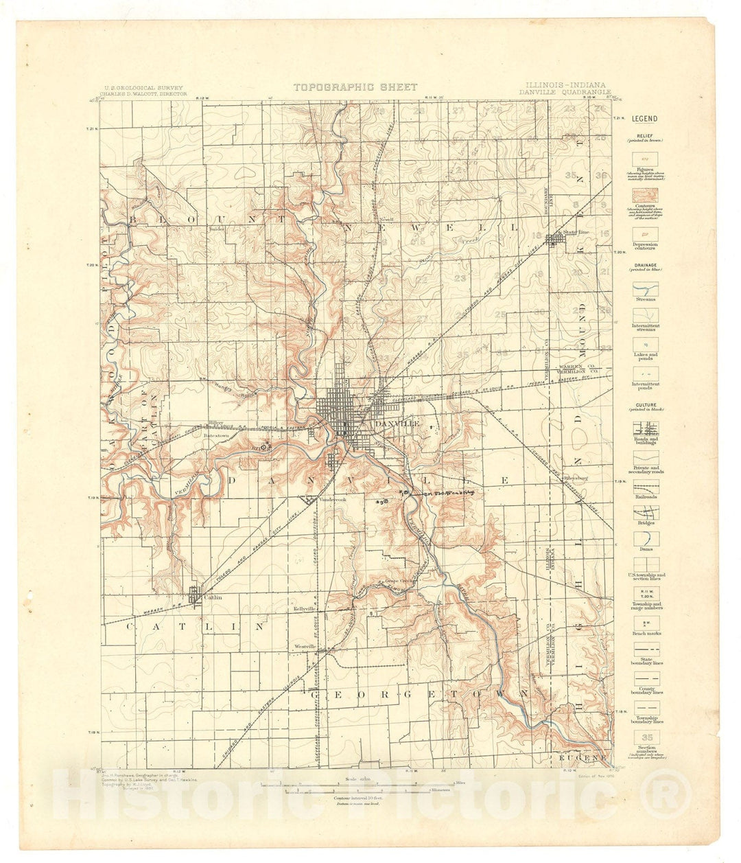 Map : Danville folio, Illinois-Indiana, 1900 Cartography Wall Art :