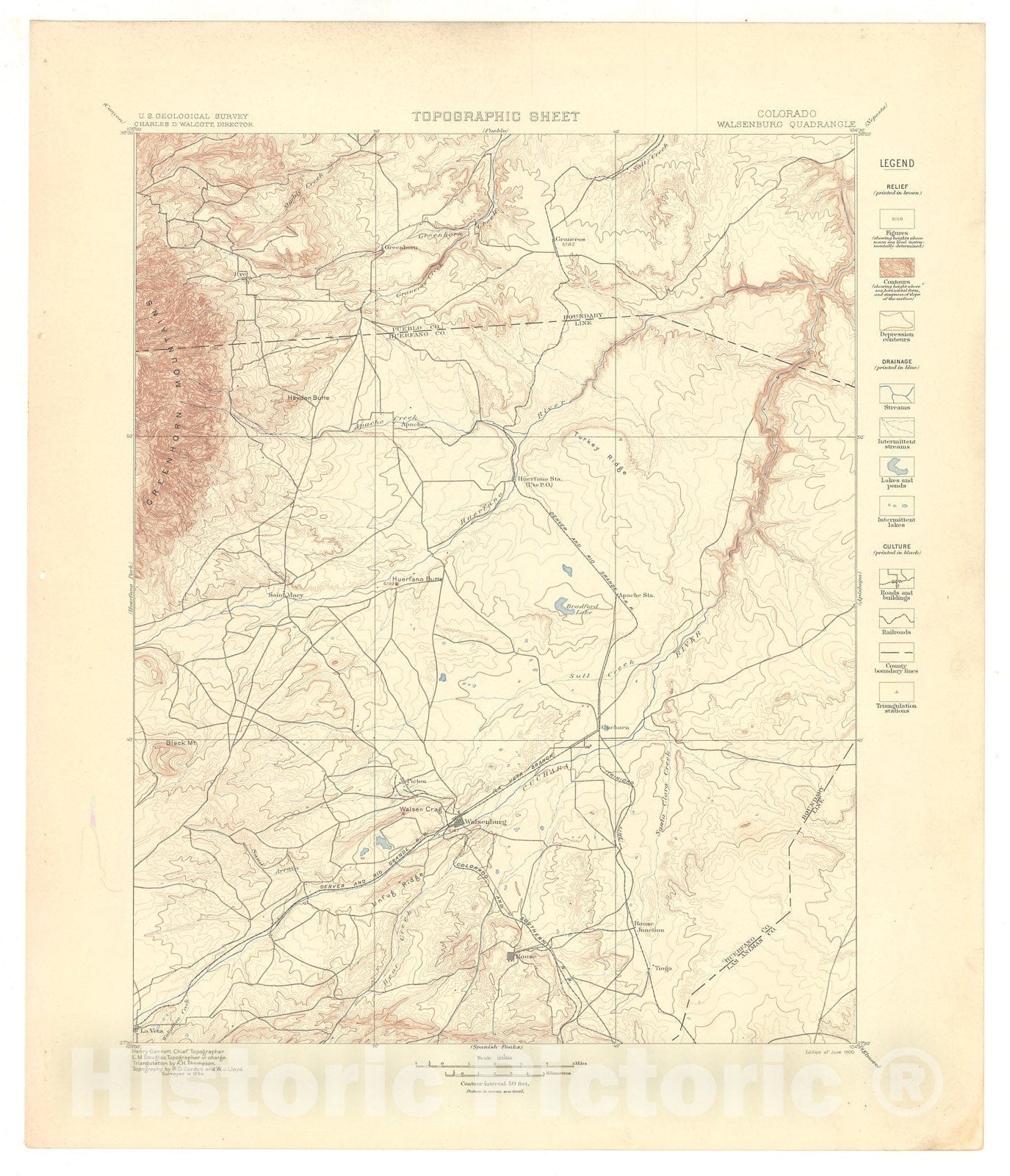 Map : Walsenburg folio, Colorado, 1900 Cartography Wall Art :