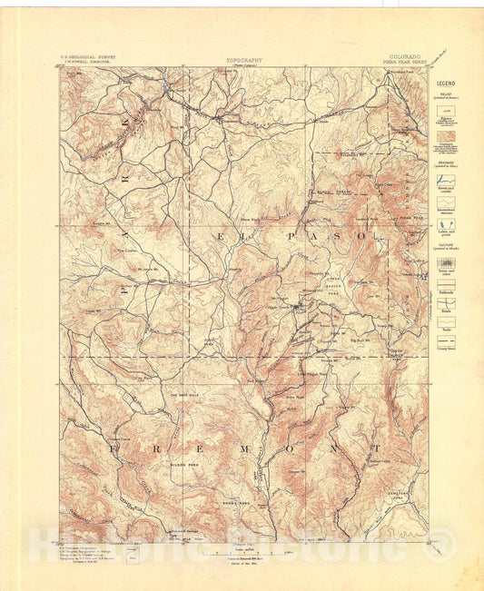 Map : Pikes Peak folio, Colorado, 1894 Cartography Wall Art :
