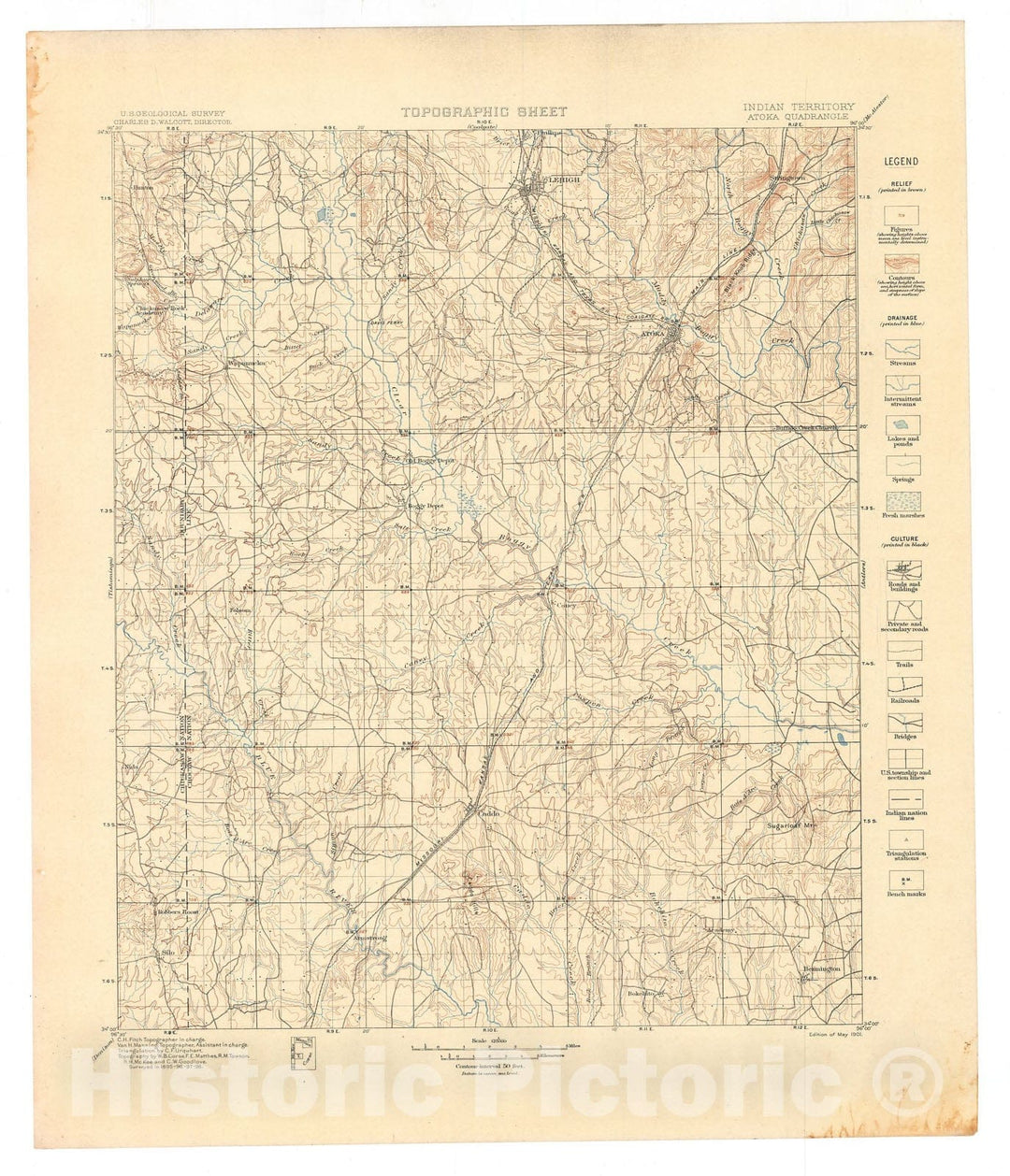 Map : Atoka folio, Indian Territory, 1902 Cartography Wall Art :