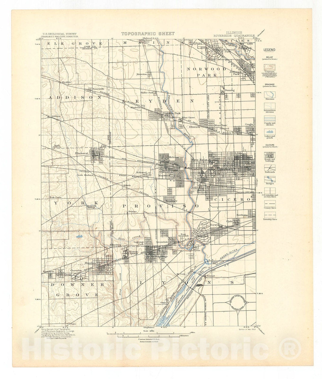 Map : Chicago folio, Riverside, Chicago, Desplaines, and Calumet quadrangles. Illinois-Indiana, 1902 Cartography Wall Art :