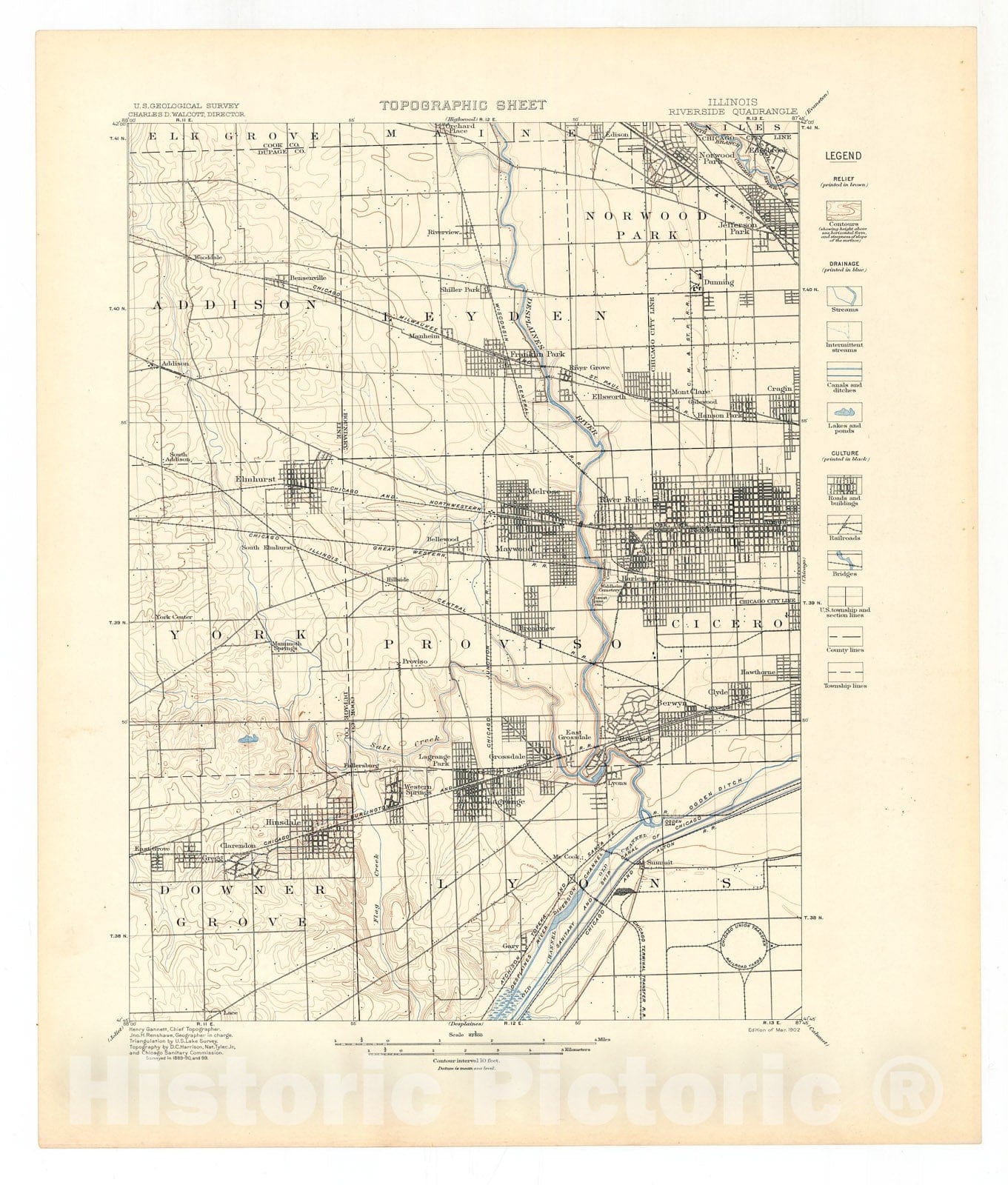 Map : Chicago folio, Riverside, Chicago, Desplaines, and Calumet quadrangles. Illinois-Indiana, 1902 Cartography Wall Art :
