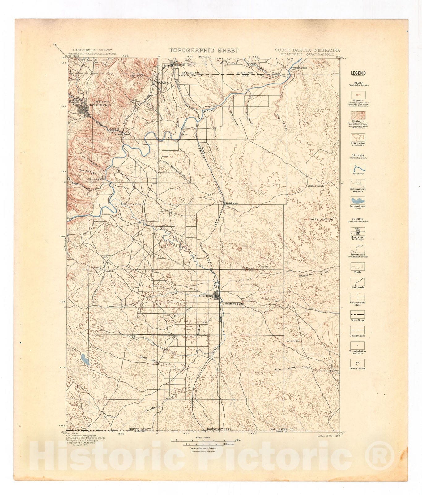 Map : Oelrichs folio, South Dakota-Nebraska, 1902 Cartography Wall Art :