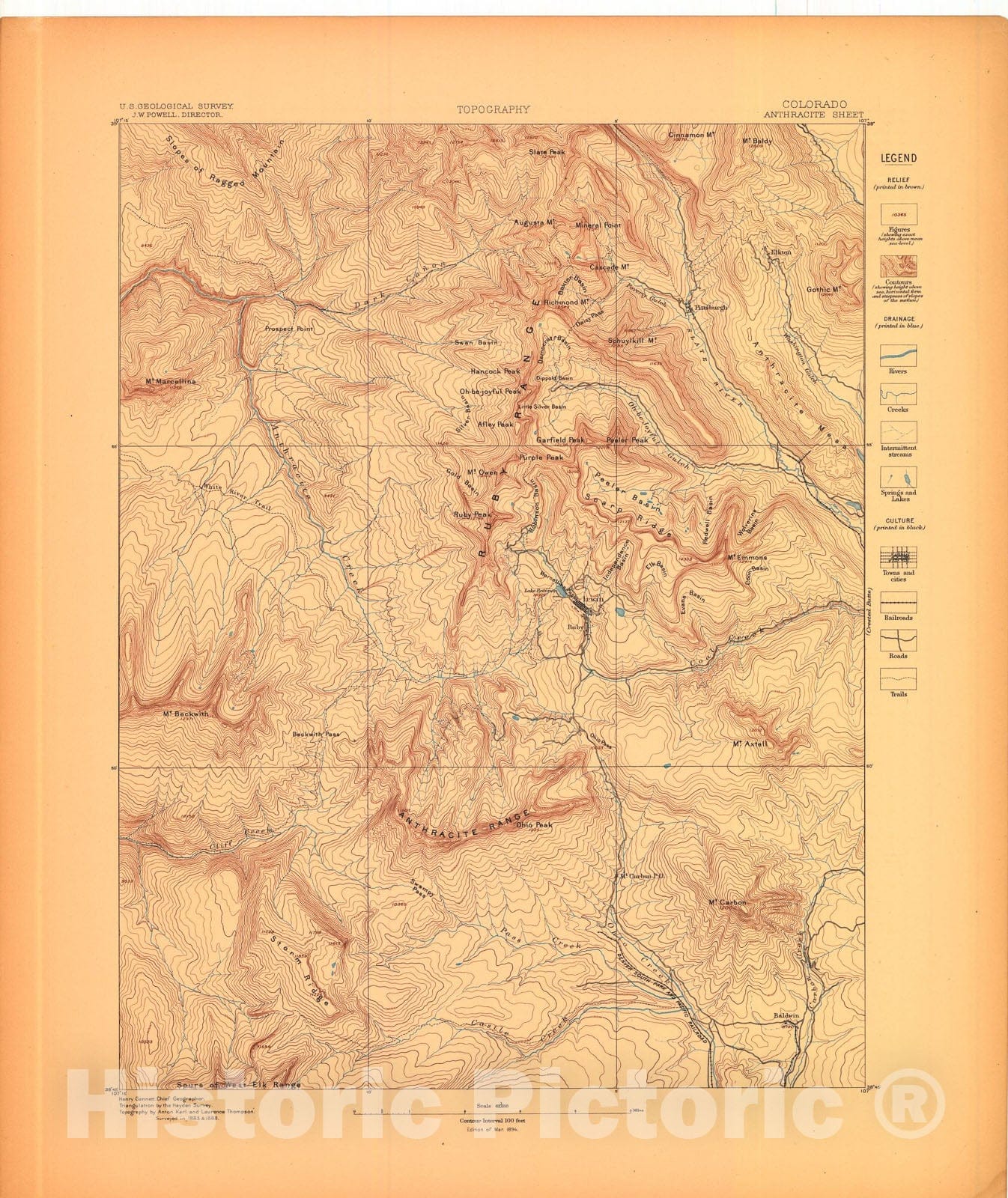 Map : Anthracite-Crested Butte folio, Colorado, 1894 Cartography Wall Art :