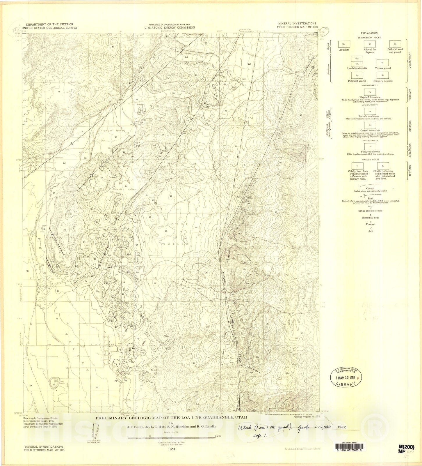 Map : Preliminary geologic map of the Loa one NE quadrangle, Utah, one957 Cartography Wall Art :