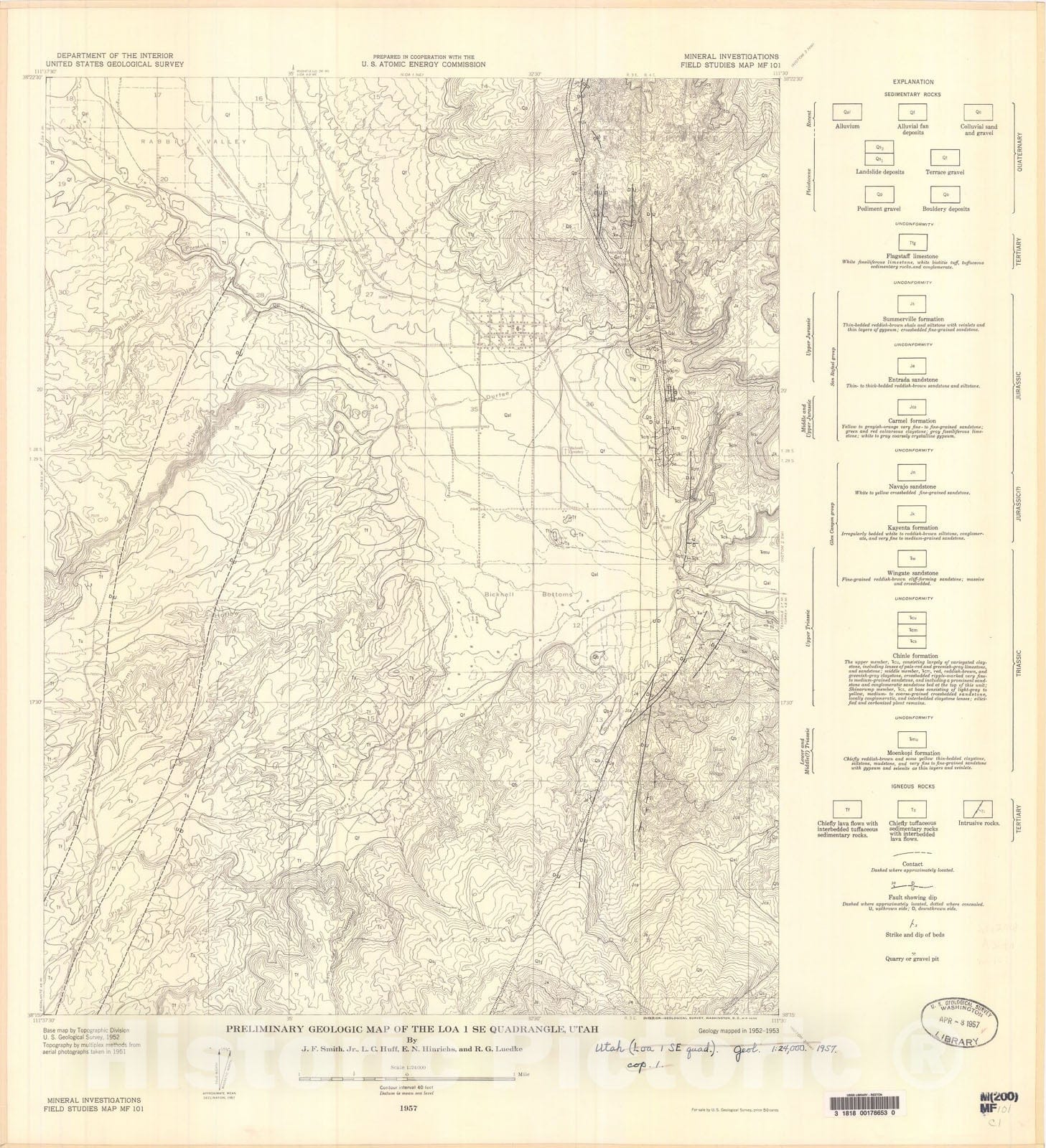 Map : Preliminary geologic map of the Loa one SE quadrangle, Utah, one957 Cartography Wall Art :