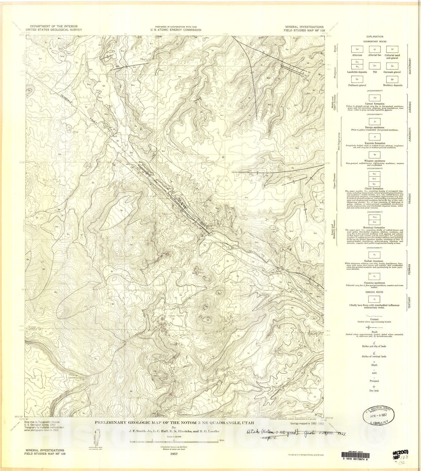 Map : Preliminary geologic map of the Notom three NE quadrangle, Utah, 1957 Cartography Wall Art :