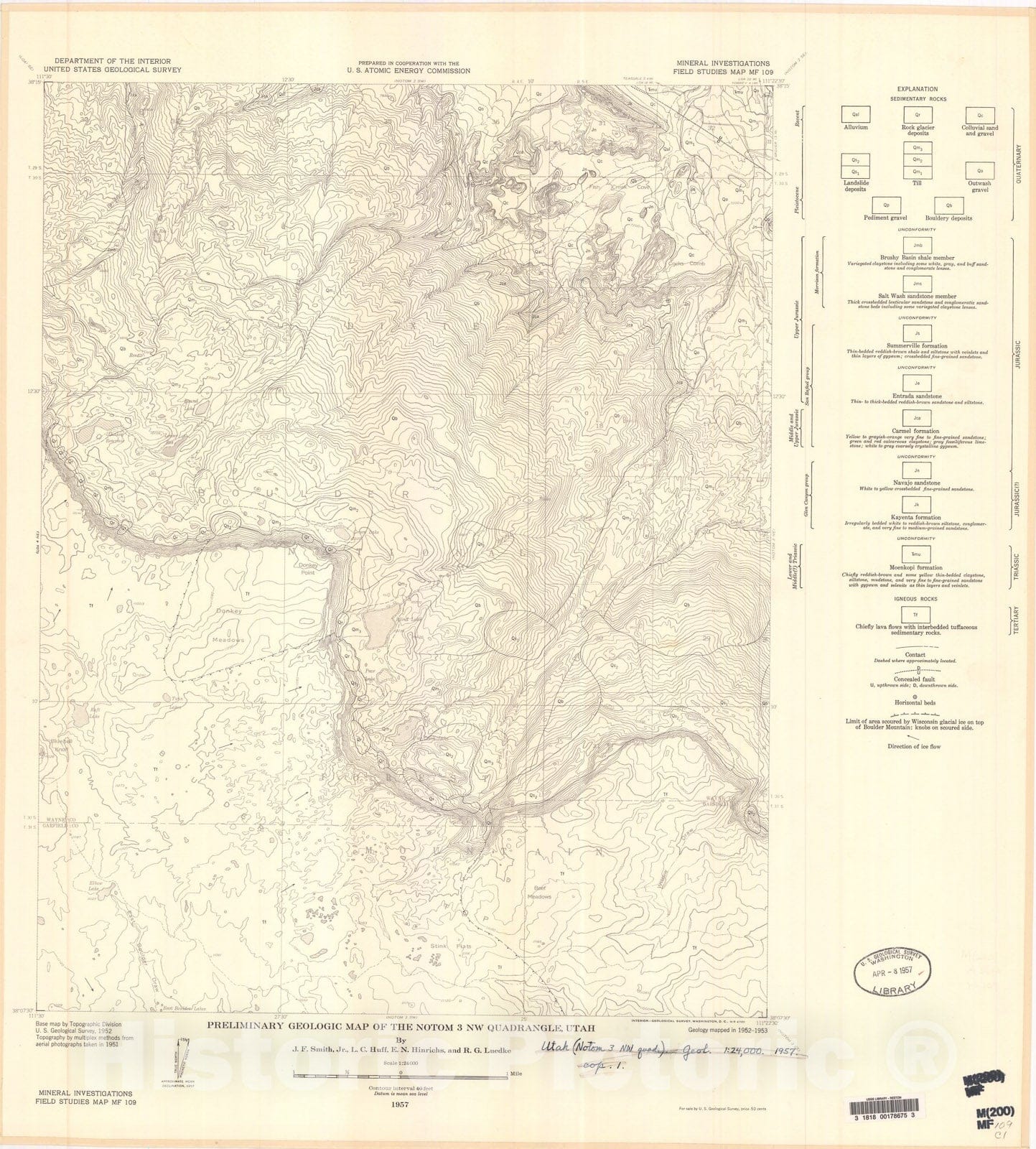 Map : Preliminary geologic map of the Notom three NW quadrangle, Utah, 1957 Cartography Wall Art :
