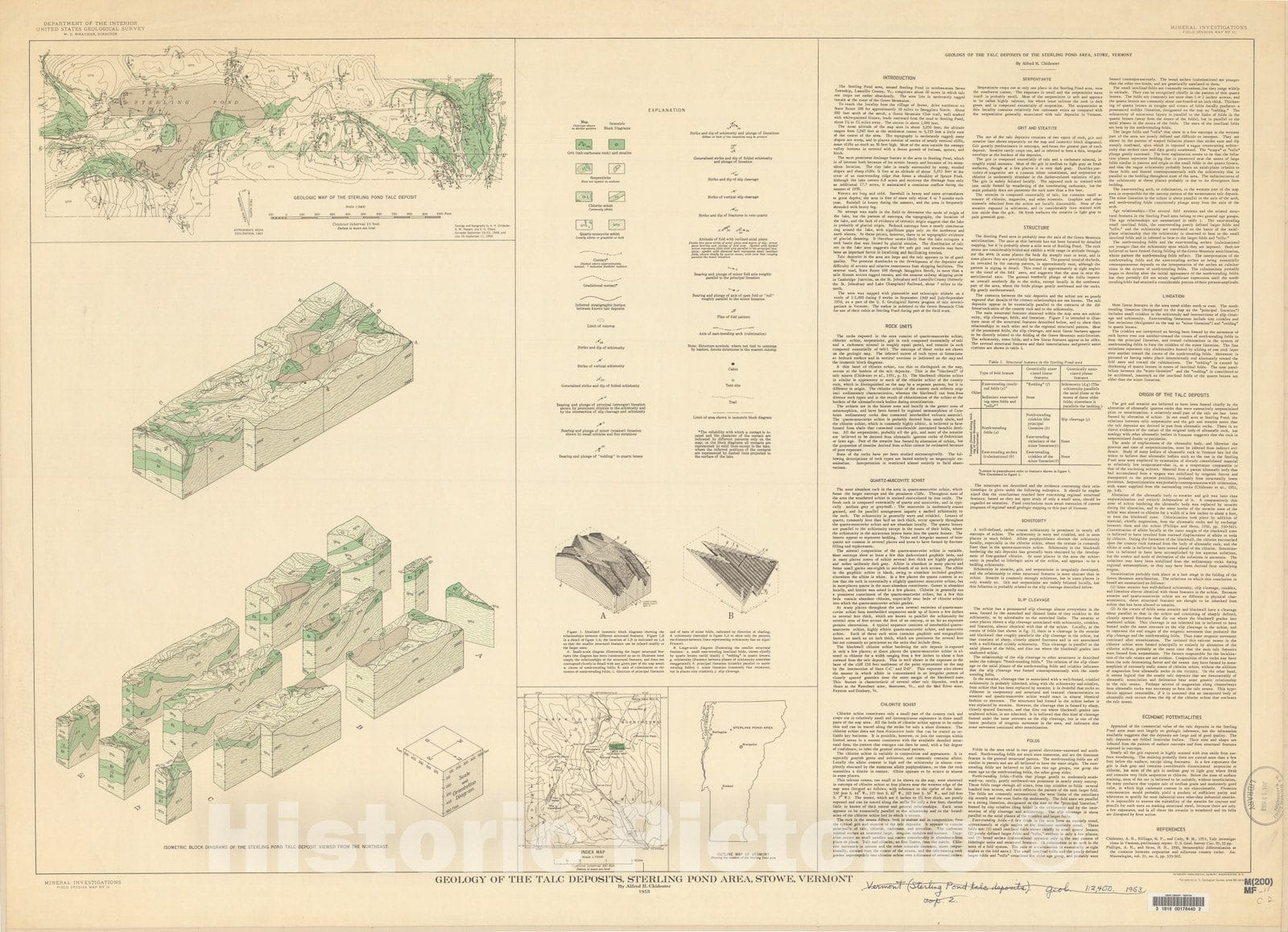 Map : Geology of the talc deposits, Sterling Pond area, Stowe, Vermont, 1953 Cartography Wall Art :