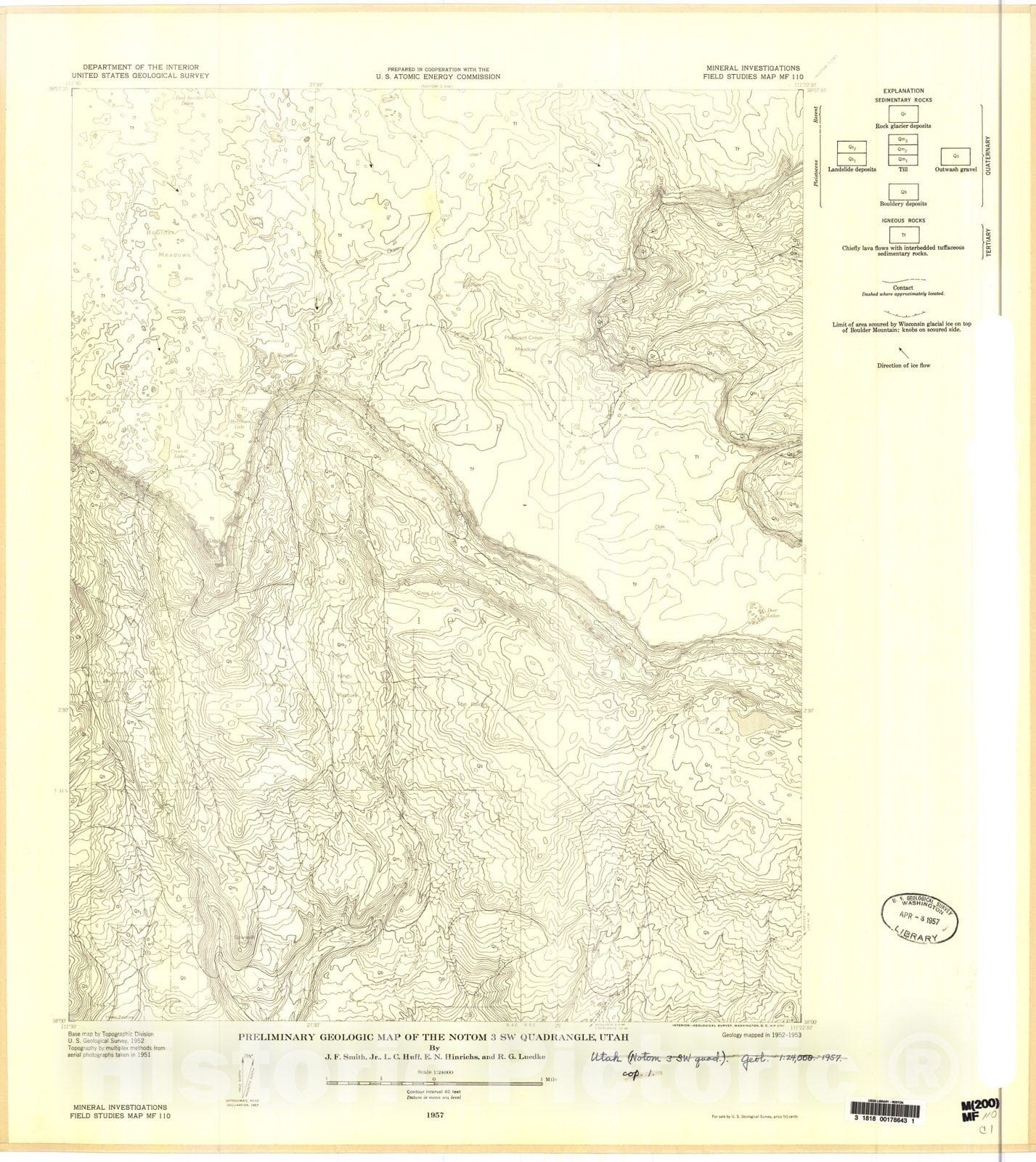 Map : Preliminary geologic map of the Notom three SW quadrangle, Utah, 1957 Cartography Wall Art :