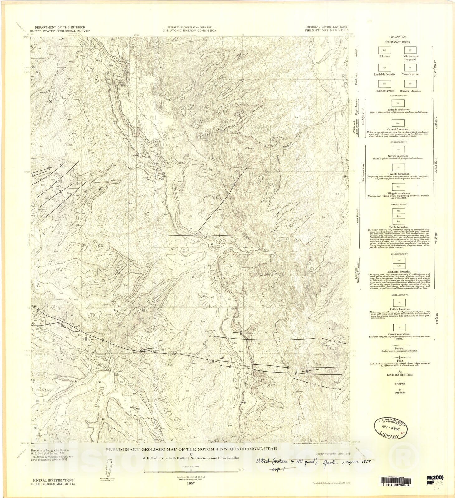 Map : Preliminary geologic map of the Notom four NW quadrangle, Utah, 1957 Cartography Wall Art :