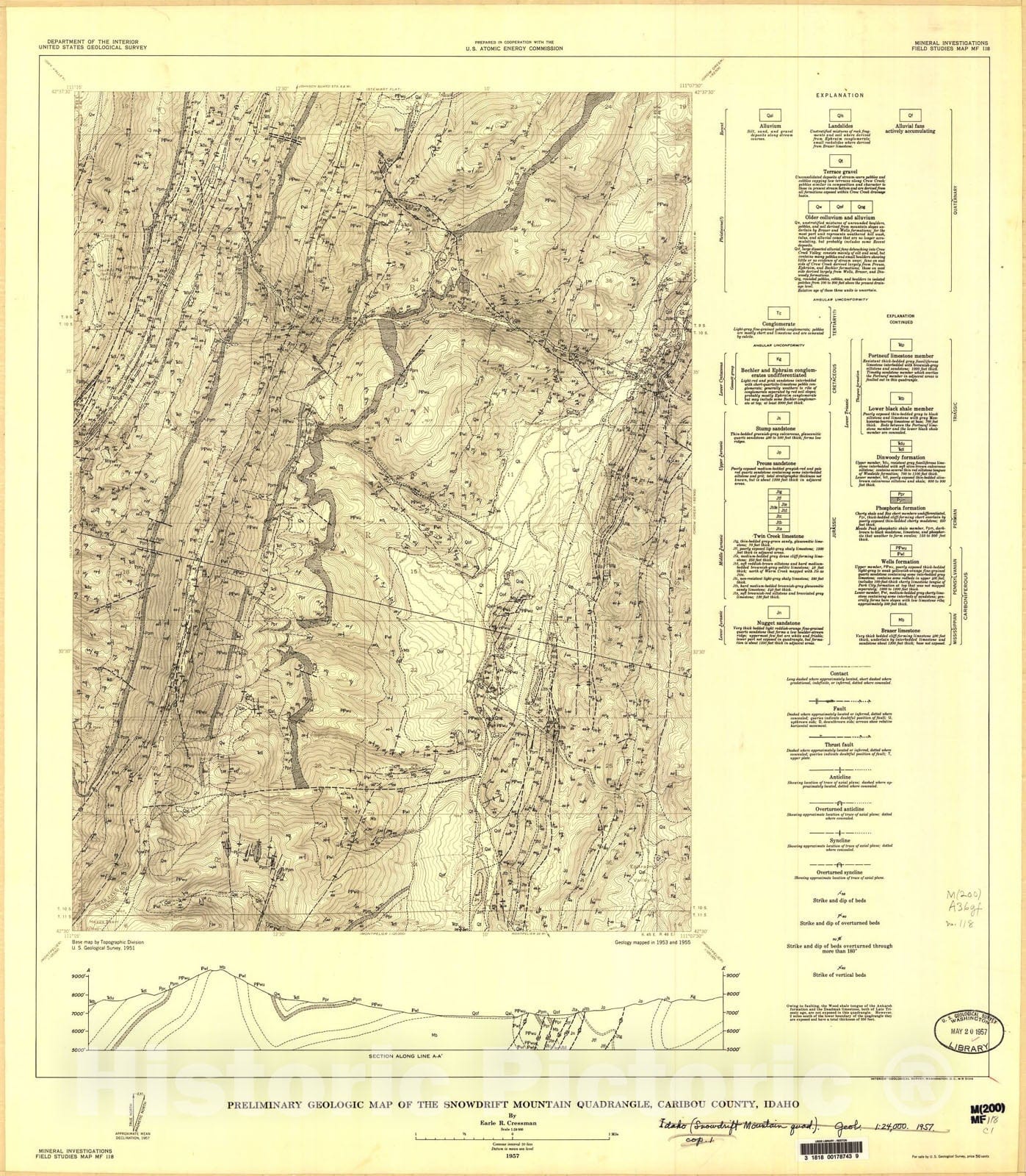 Map : Preliminary geologic map of the Snowdrift Mountain quadrangle, Caribou County, Idaho, 1957 Cartography Wall Art :