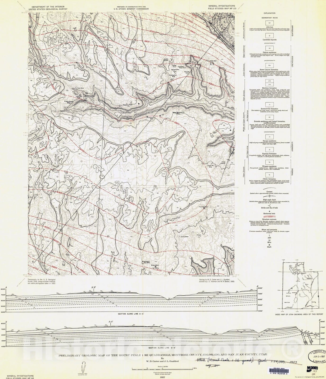 Map : Preliminary geologic map of the Mount Peale one SE quadrangle, Montrose County, Colorado, and San Juan County, Utah, one957 Cartography Wall Art :