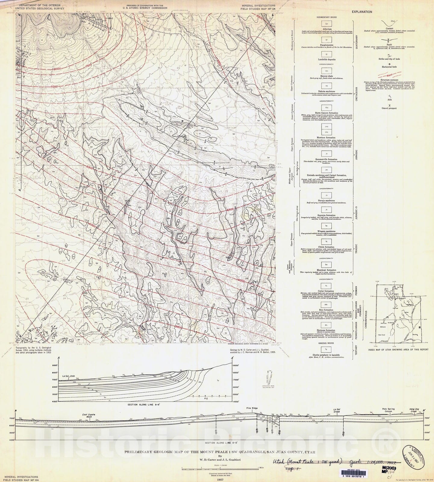 Map : Preliminary geologic map of the Mount Peale one SW quadrangle, San Juan County, Utah, one957 Cartography Wall Art :