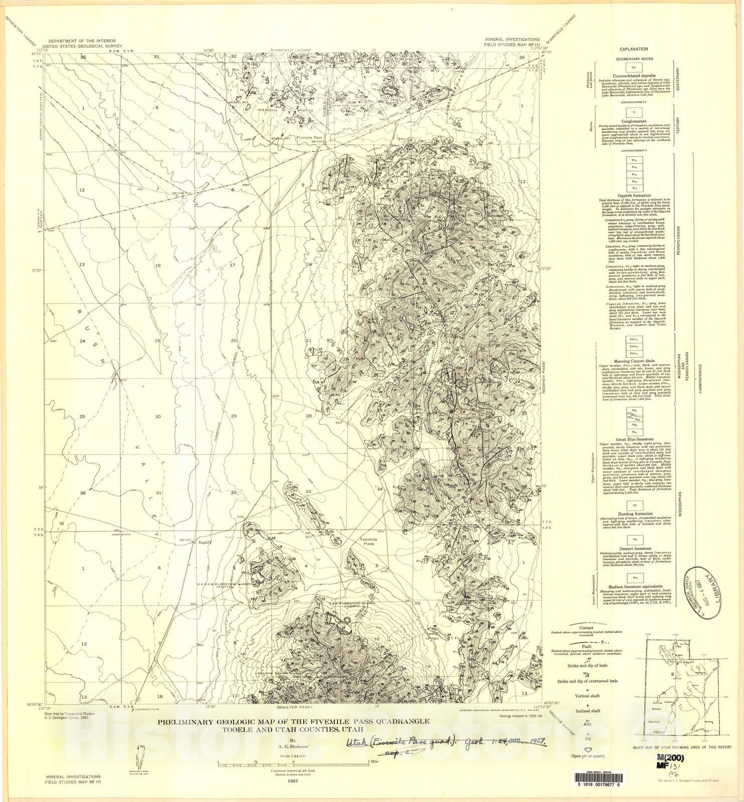 Map : Preliminary geologic map of the Fivemile Pass quadrangle, Tooele and Utah Counties, Utah, 1957 Cartography Wall Art :