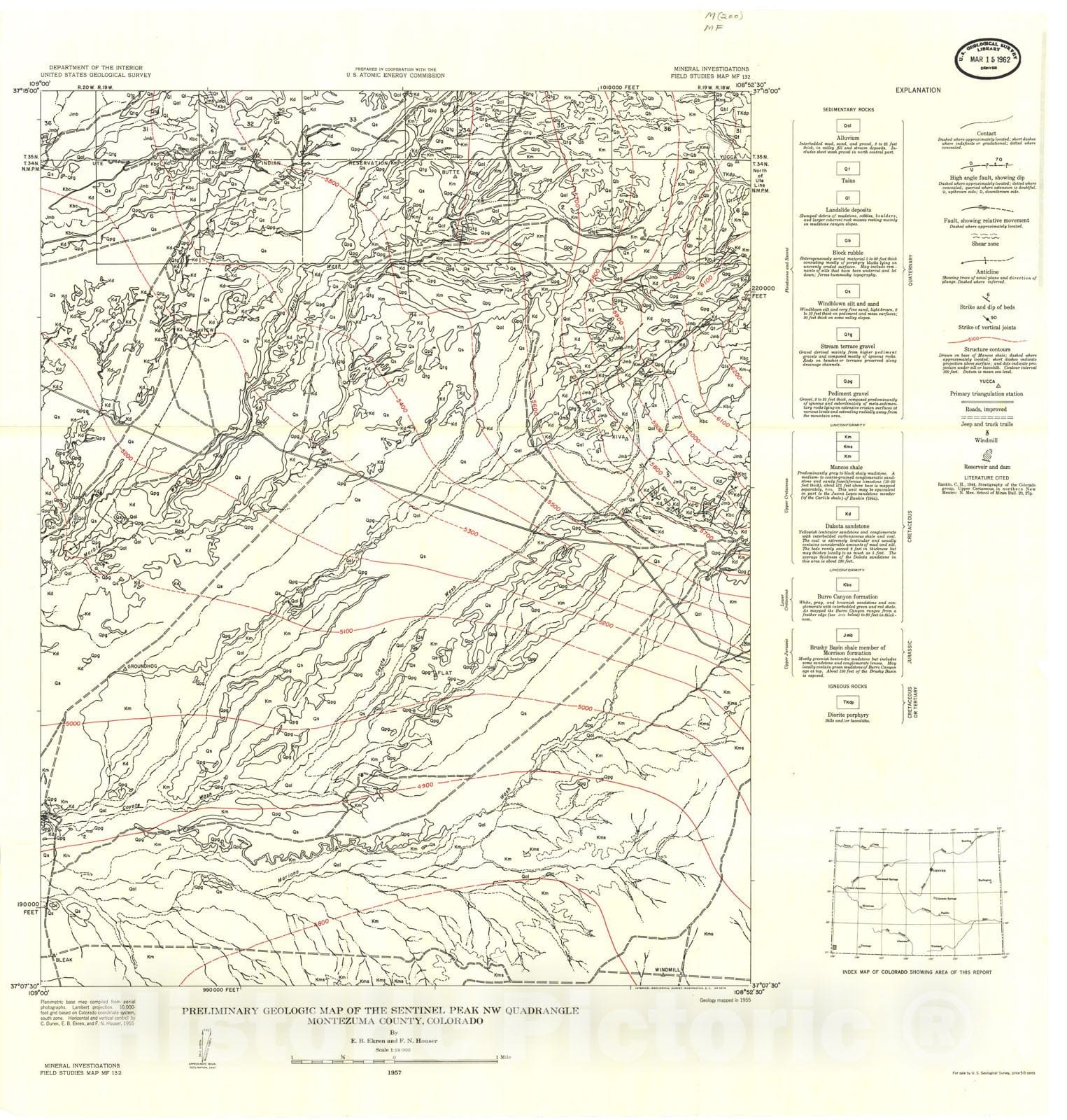 Map : Preliminary geologic map of the Sentinel Peak NW quadrangle, Montezuma County, Colorado, 1957 Cartography Wall Art :