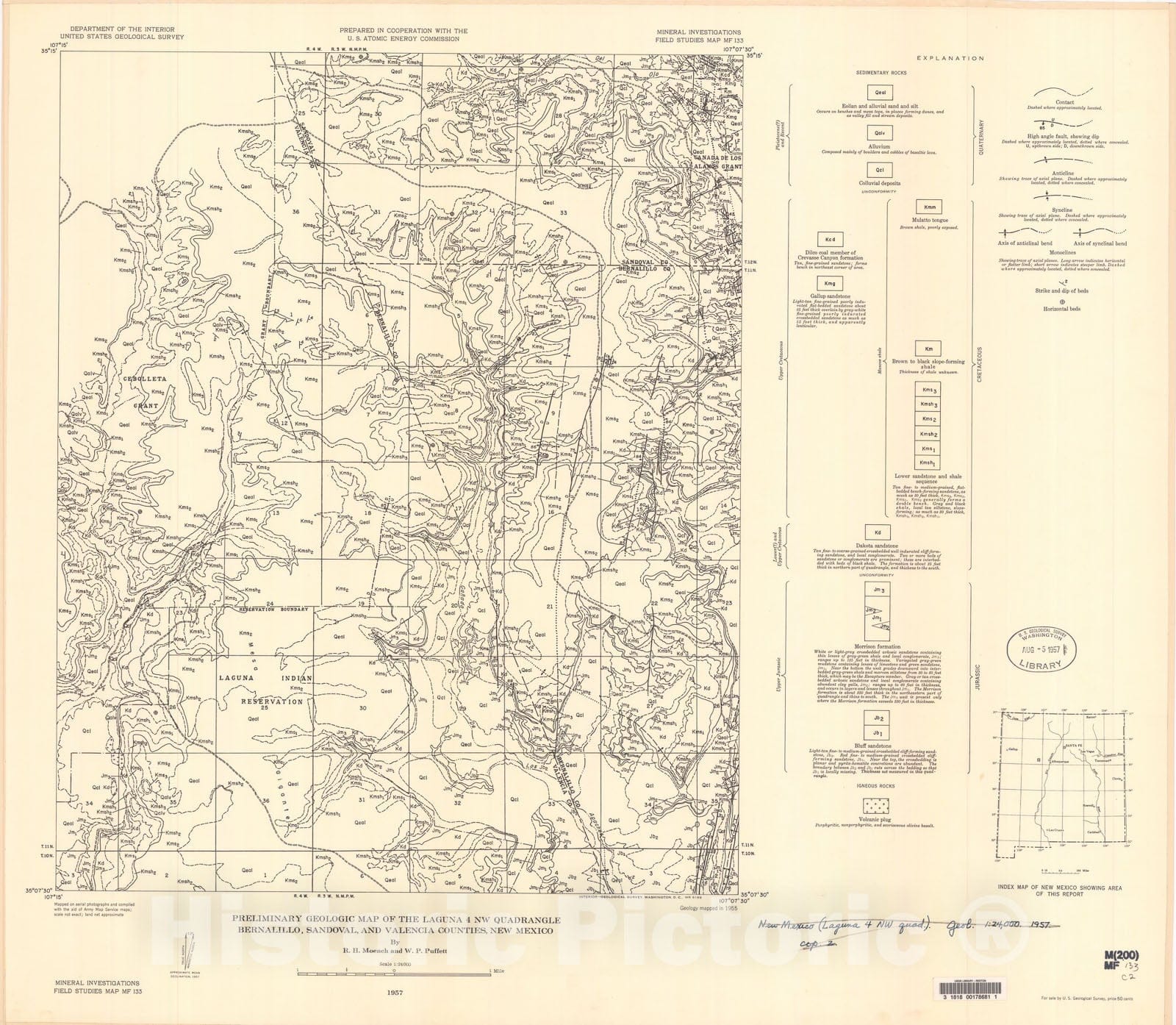 Map : Preliminary geologic map of the Laguna four NW quadrangle, Bernalillo, Sandoval, and Valencia Counties, New Mexico, 1957 Cartography Wall Art :