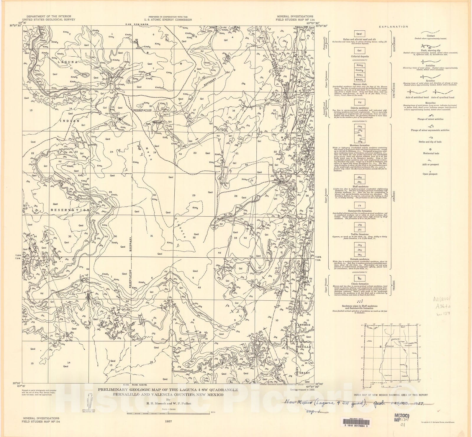 Map : Preliminary geologic map of the Laguna four SW quadrangle, Bernalillo, and Valencia Counties, New Mexico, 1957 Cartography Wall Art :