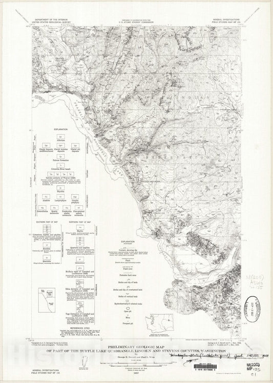 Map : Preliminary geologic map of part of the Turtle Lake quadrangle, Lincoln and Stevens Counties, Washington, 1957 Cartography Wall Art :