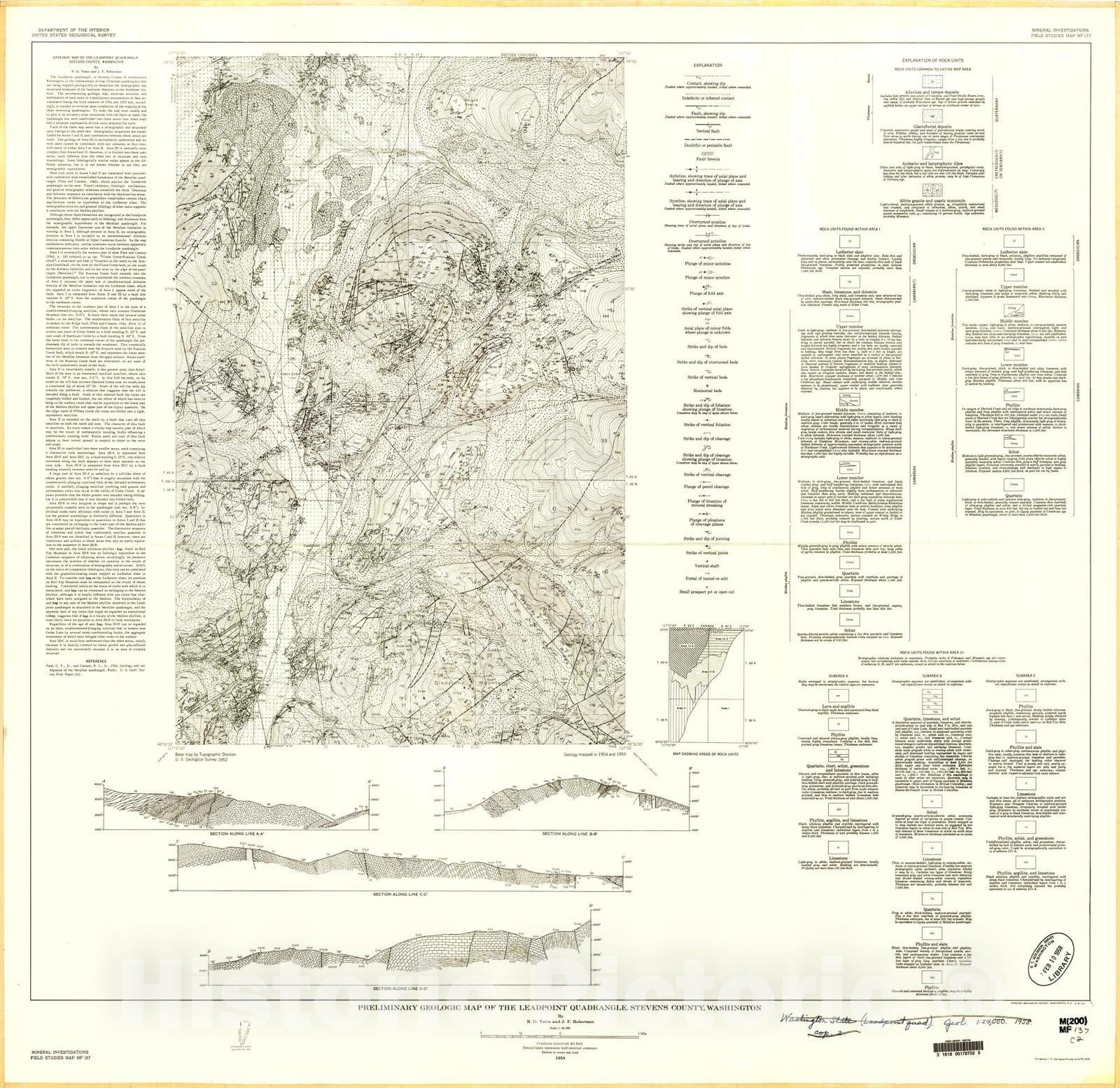 Map : Preliminary geologic map of the Leadpoint quadrangle, Stevens County, Washington, 1958 Cartography Wall Art :