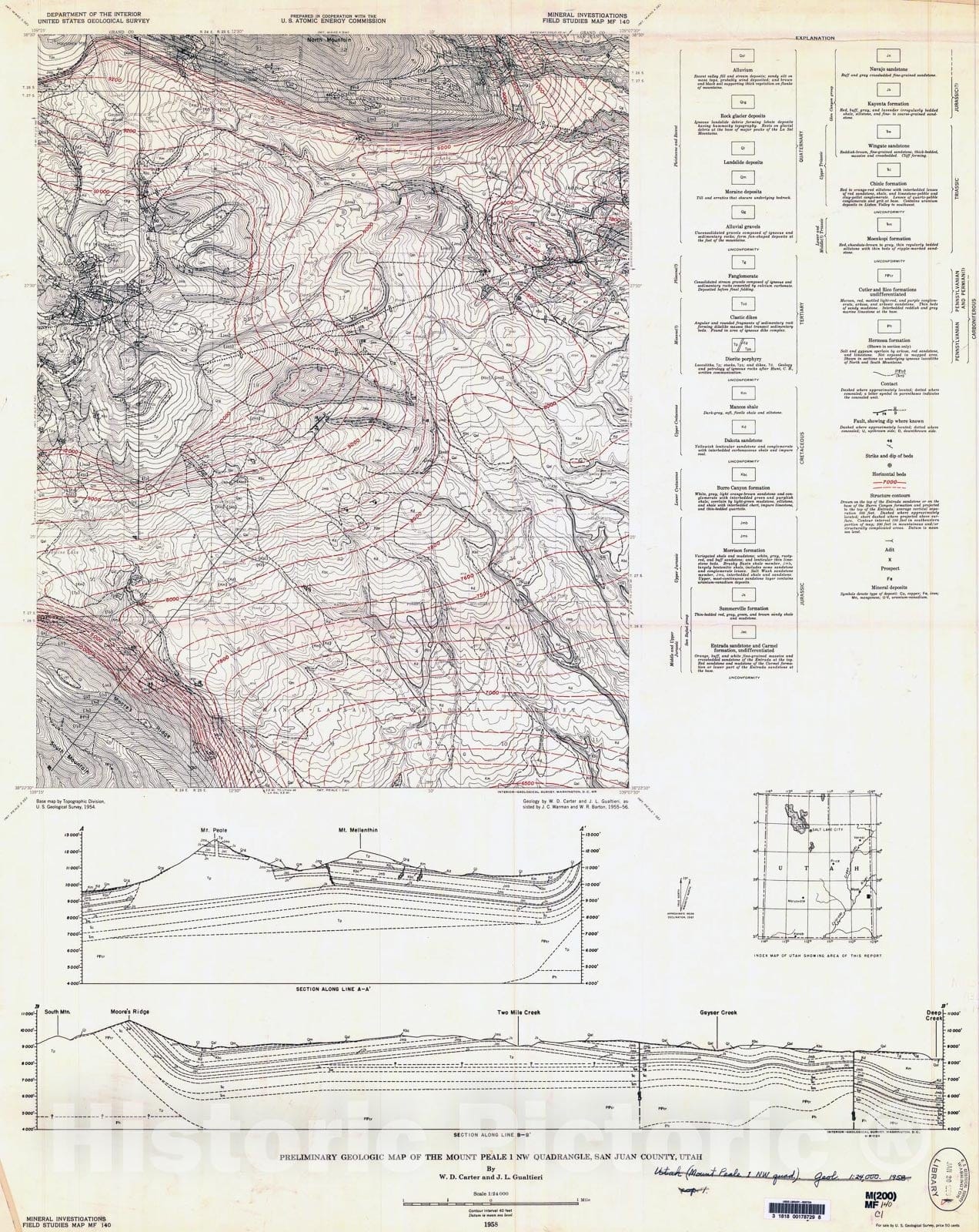 Map : Preliminary geologic map of the Mount Peale one NW quadrangle, San Juan County, Utah, one958 Cartography Wall Art :