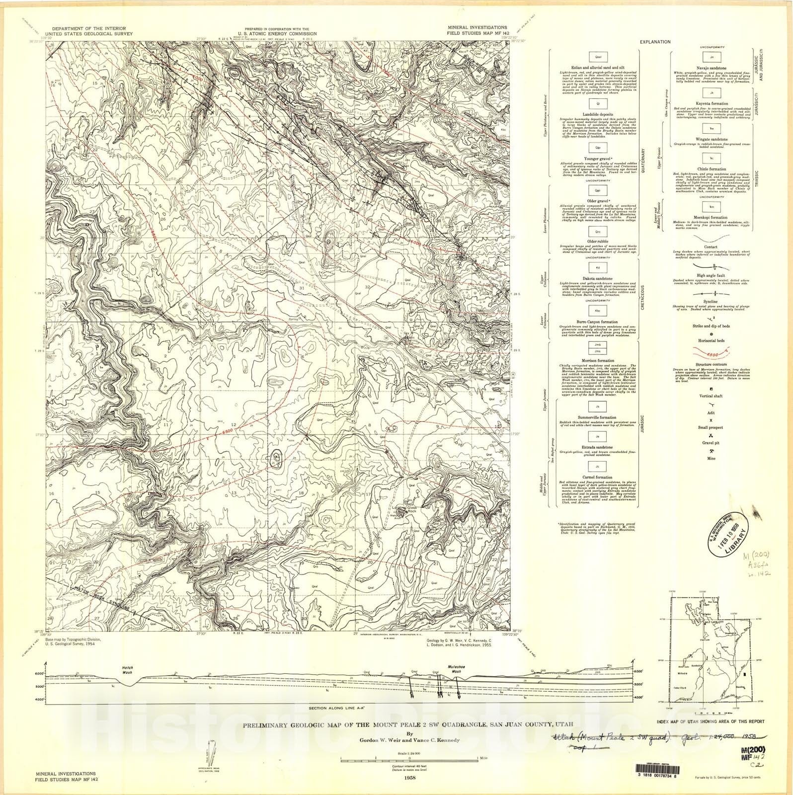 Map : Preliminary geologic map of the Mount Peale two SW quadrangle, San Juan County, Utah, 1958 Cartography Wall Art :
